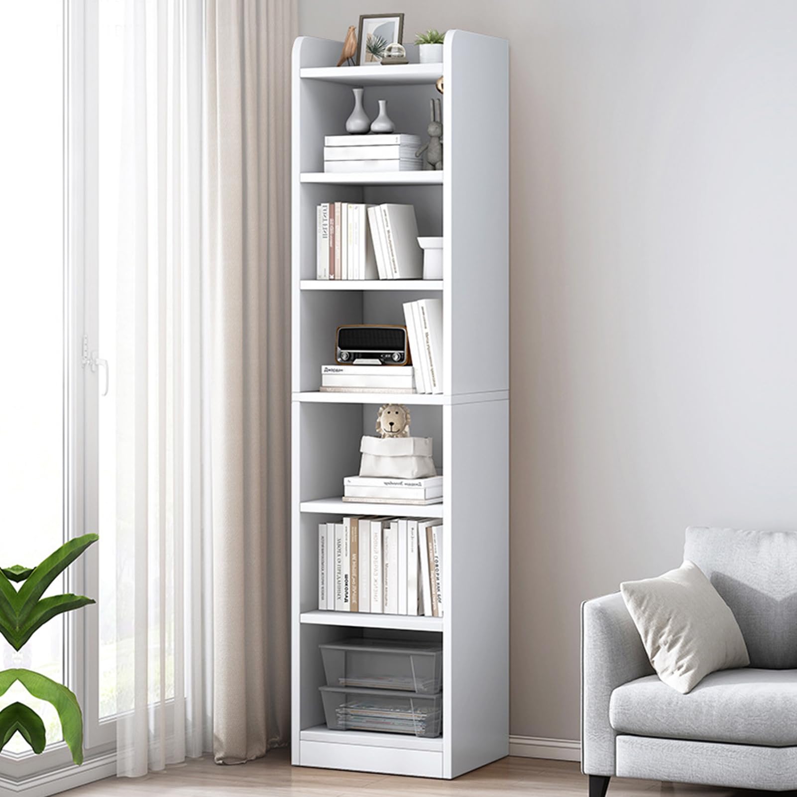 locwanot 6-Tier Inch Tall Narrow Bookcase 70.9 Inch Floor Standing Storage Cabinet, White Corner Bookcase, Cube Media Tower Rack, Display Storage Shelves Organizer for Small Space White