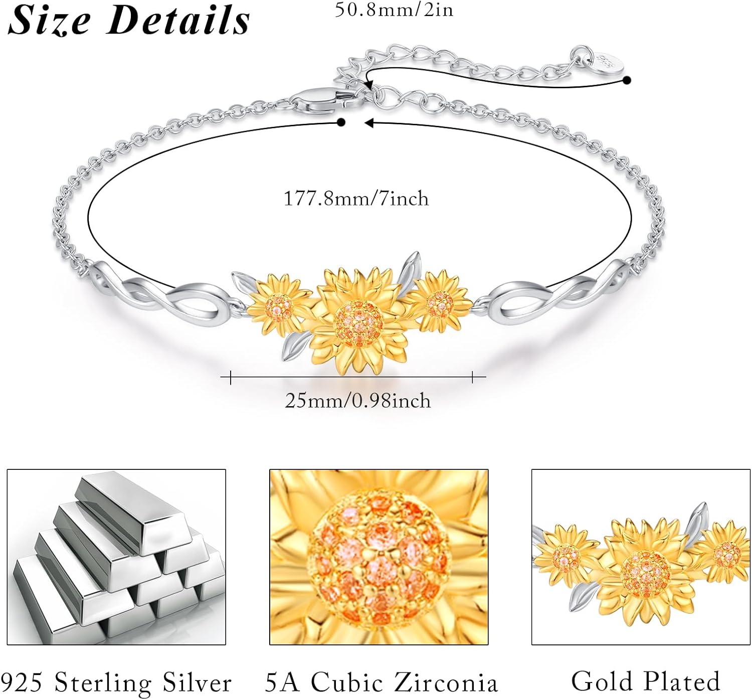 Cuoka 925 Sterling Silver Sunflower Bracelet for Women You Are My Sunshine Floral Charm Bracelet for Mom on Birthdays Holidays Anniversaries & Mother’s Day - Image 2