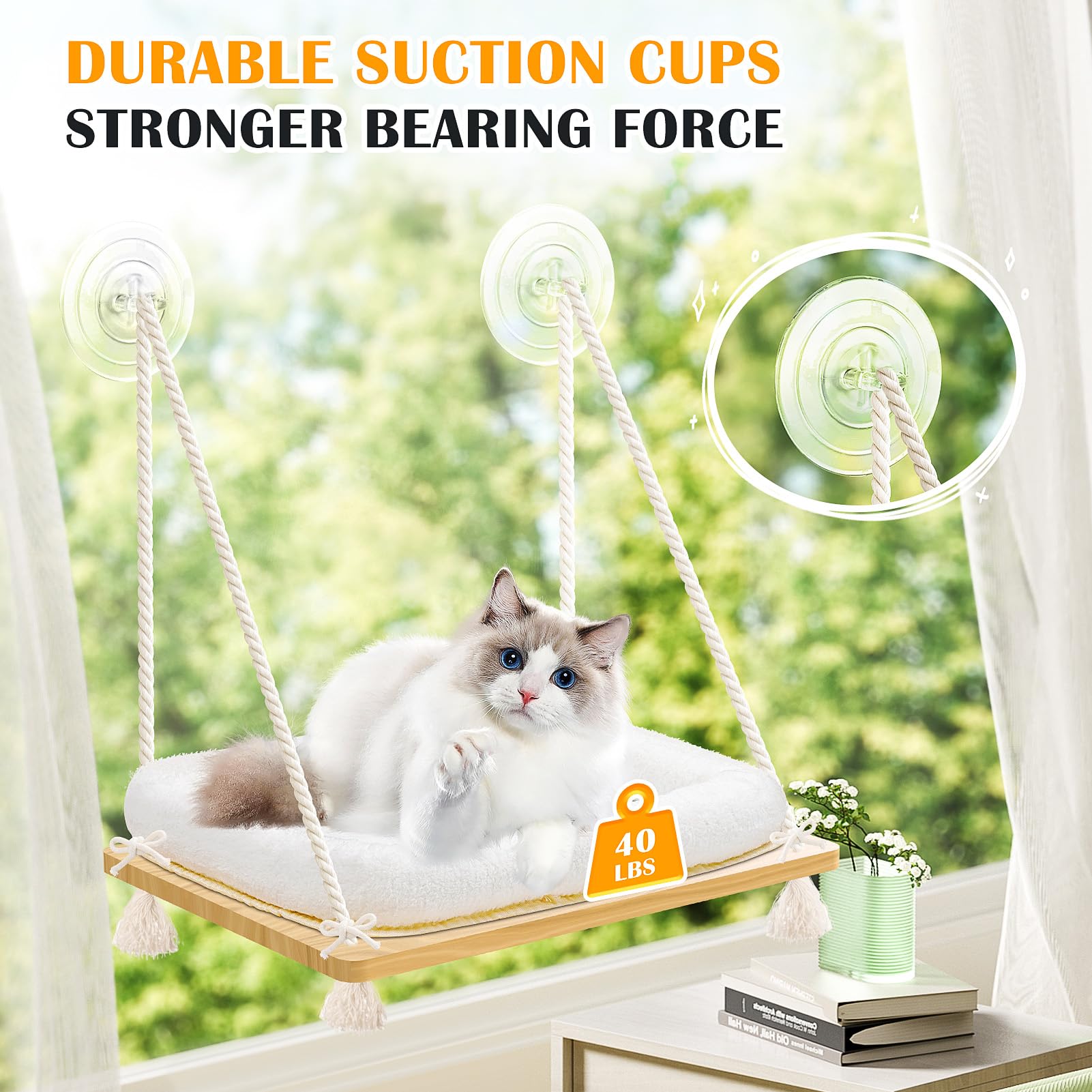 Hamaca para ventana de gato, asiento de ventana para gato con funda de cama, asiento de madera maciza con ventosas fuertes, cama colgante para gatos pequeños y medianos de interior