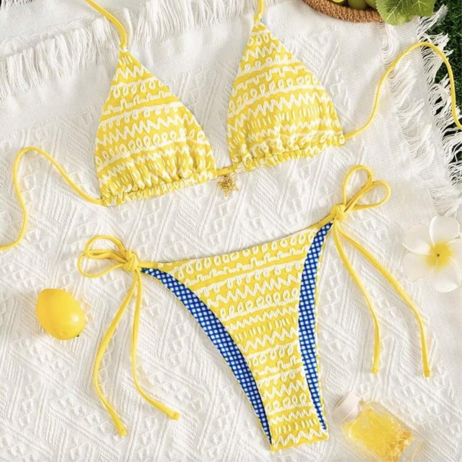 Bikini Donna Giallo Blu Contrasto Set Triangolo Top Cravatta Lato Costume da Bagno-1-l