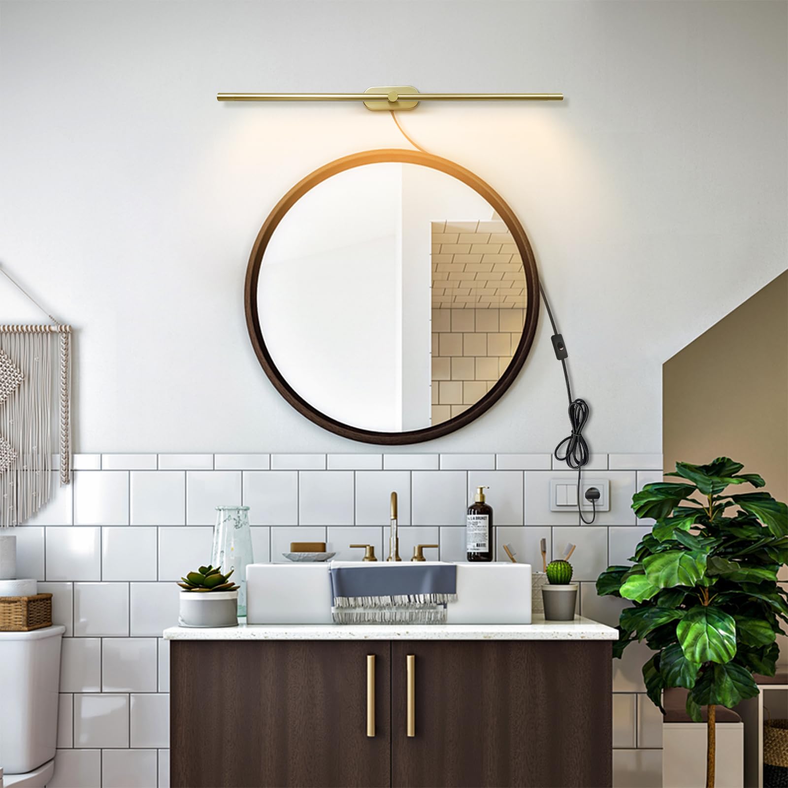 Lampada frontale a specchio a LED con spina, luce lineare per bagno, lampada da specchio per il trucco dorata, lampada da parete minimalista a striscia lunga con interruttore on/off