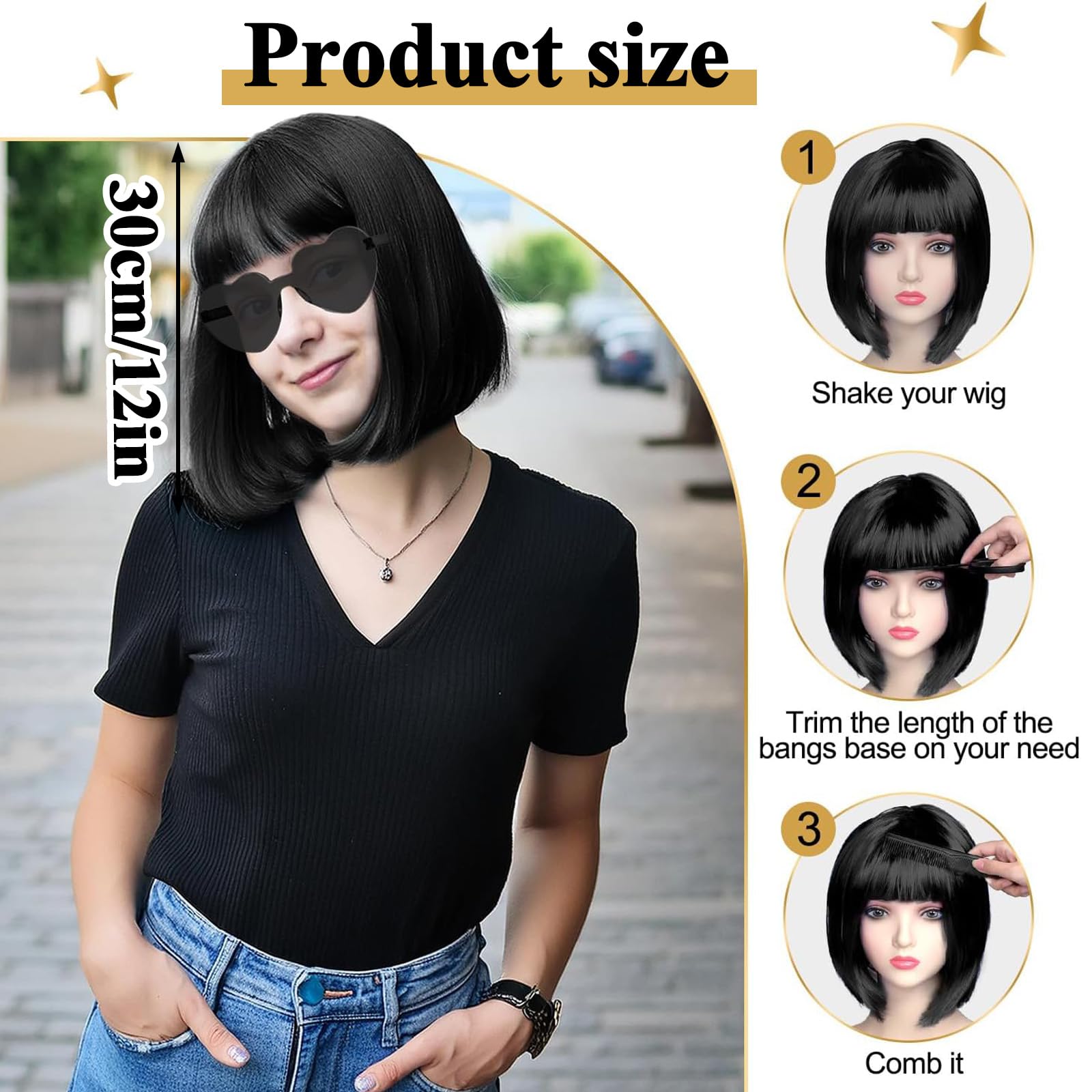 Black Wig for Women Black Bob Wig with Fringe Straight, Natural Looking, Natural Synthetic Fiber Wig - Image 2