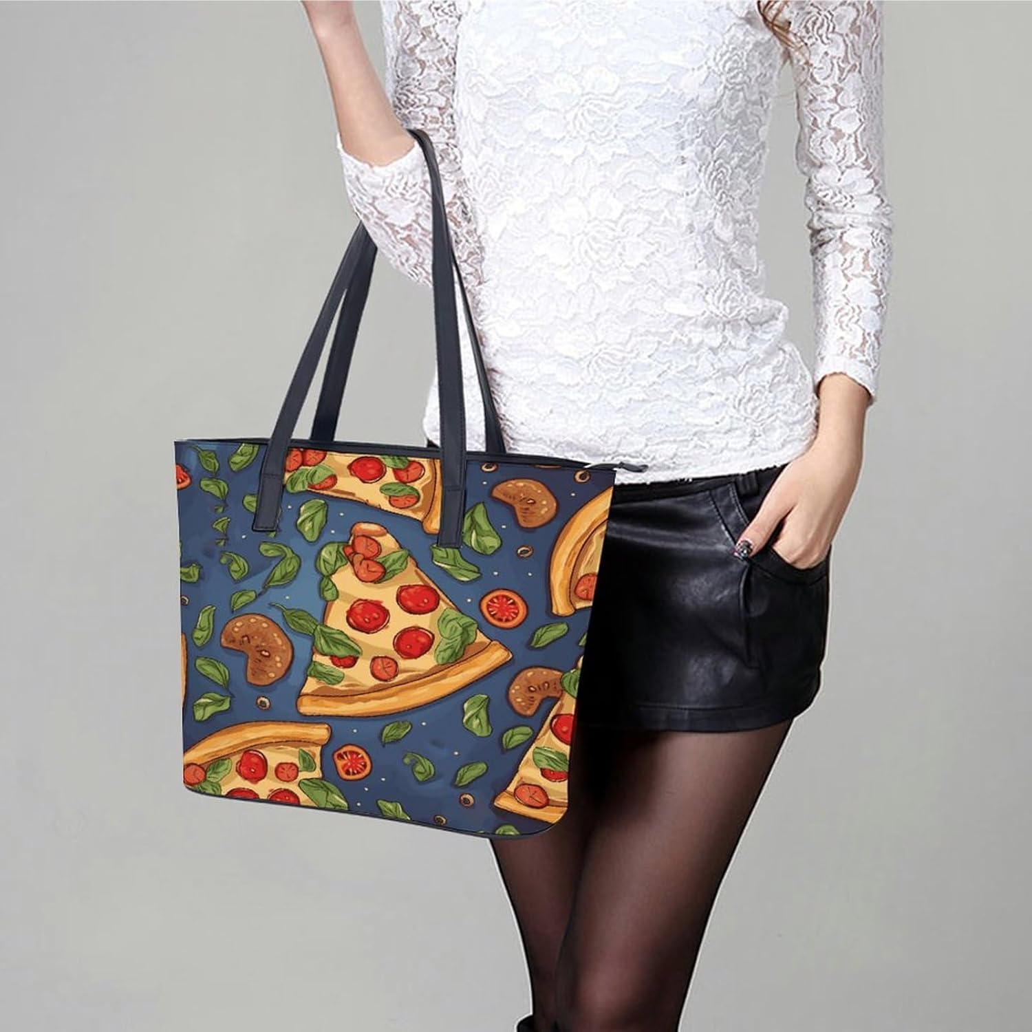 Pizza Handbag for Women Leather Tote Bag Exquisite Satchel Bags Ladies Casual Work Handbag Bucket Purse Fashion Top Handle Bag Large Capacity Weekender Hobo Bags