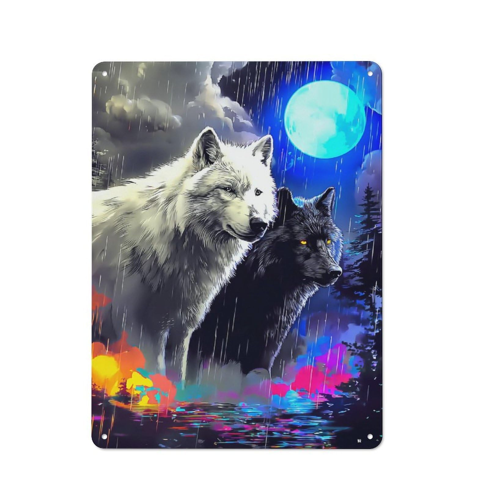Junmoney Night Wolves In Moonlight Tin Wall Plaque 40X30cm With For Hallway Wall, With Clear Retro Wall Decor Character