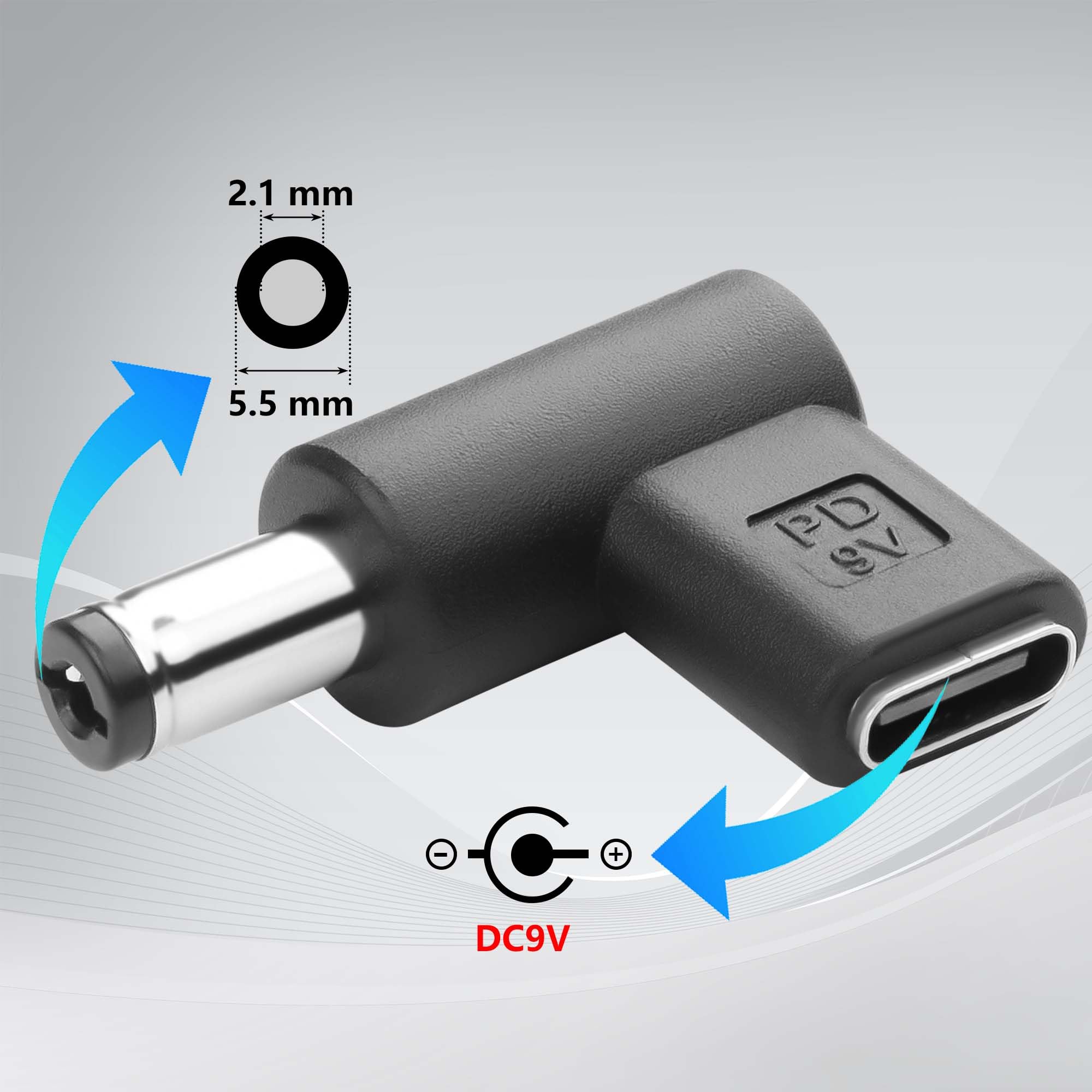 GINTOOYUN 2 szt. 9V DC Adapter złącze zasilania 90 stopni kąt żeński USB C na męski konwerter DC 5,5 mm X 2,1 mm (9V)