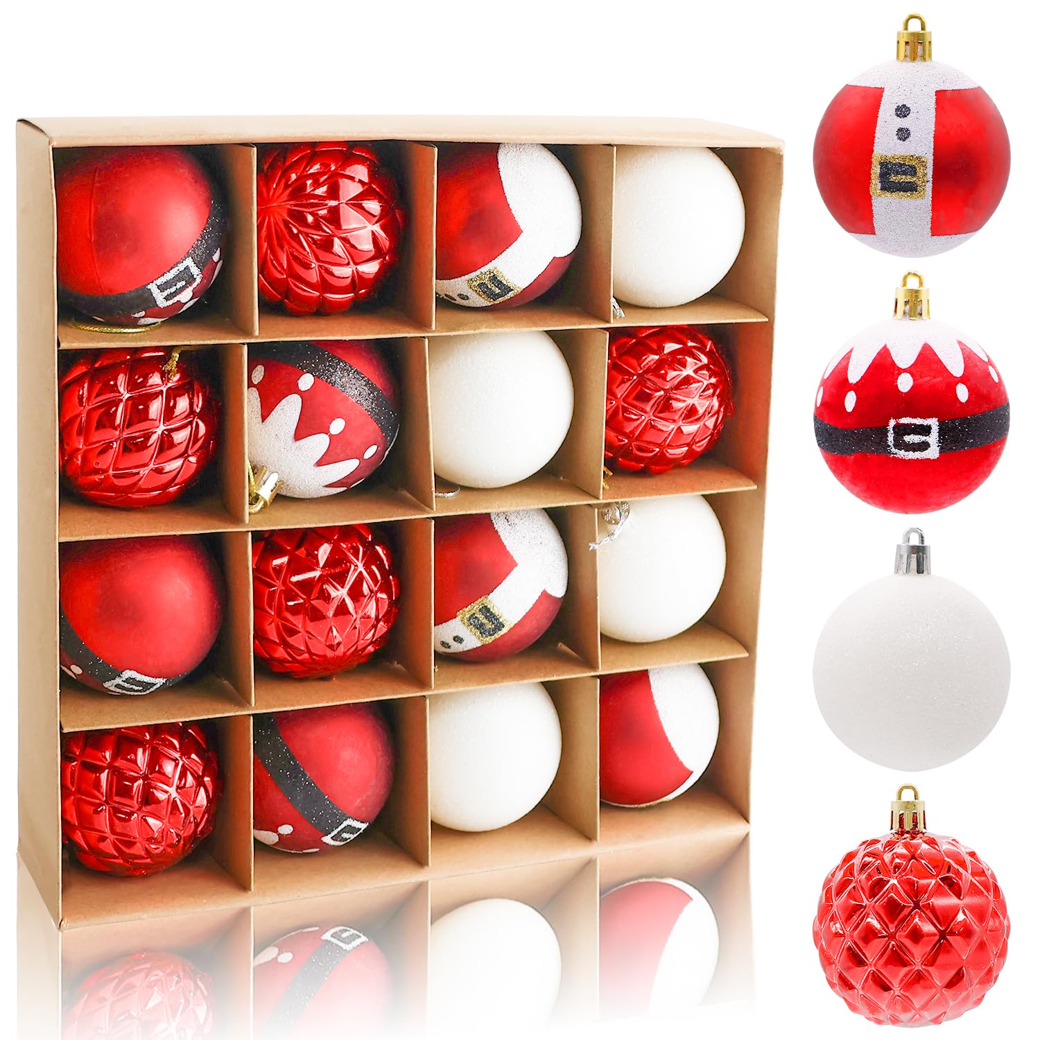 16PCS Red and White Christmas Balls, Santa Claus Theme Christmas Baubles for Tree, Xmas Balls Ornaments Set 2.36 Inch Baubles for Holiday and Party Decor