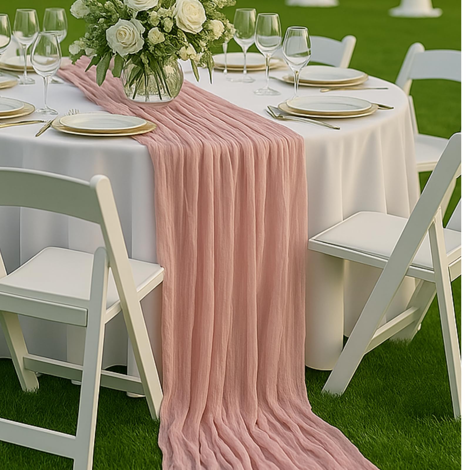 Photo 1 of 10FT Dusty Pink Cheesecloth Table Runner – 120 Inch Blush Gauze Table Decor for Baby Girl Shower, Bridal Brunch, Mother’s Day, or Romantic Vintage Party Setup