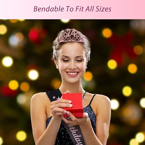 Miniatura 7 de Banda y tiara de cumpleaños número 24 para mujer, juego fabuloso banda con purpurina + estrellas de diamantes de imitación rosa tiara de metal