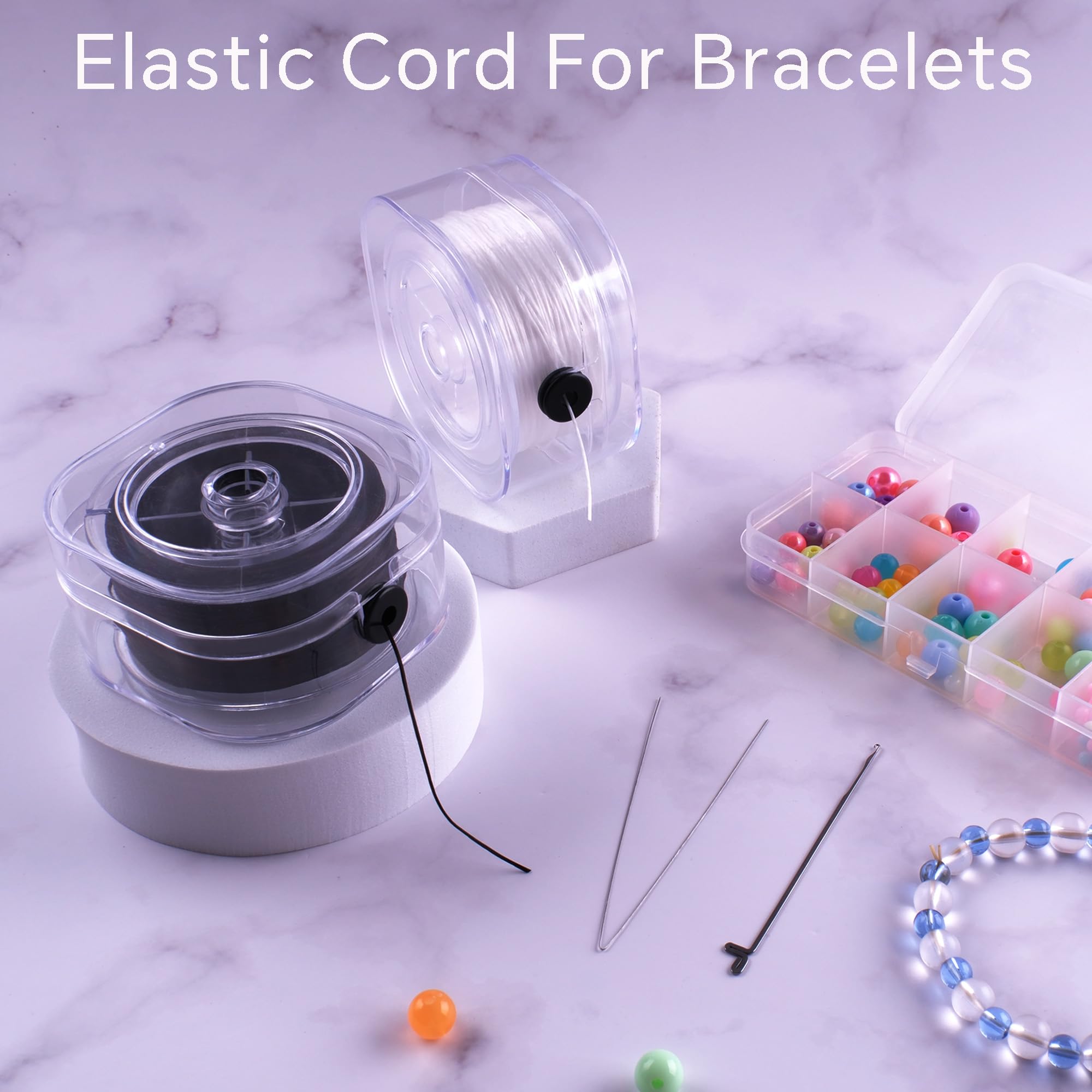 Cuerda elástica para pulseras, 2 rollos de cordón elástico plano de 0,8 mm, 220 yardas para cuentas de joyería, con estuche de almacenamiento y herramienta de abalorios.