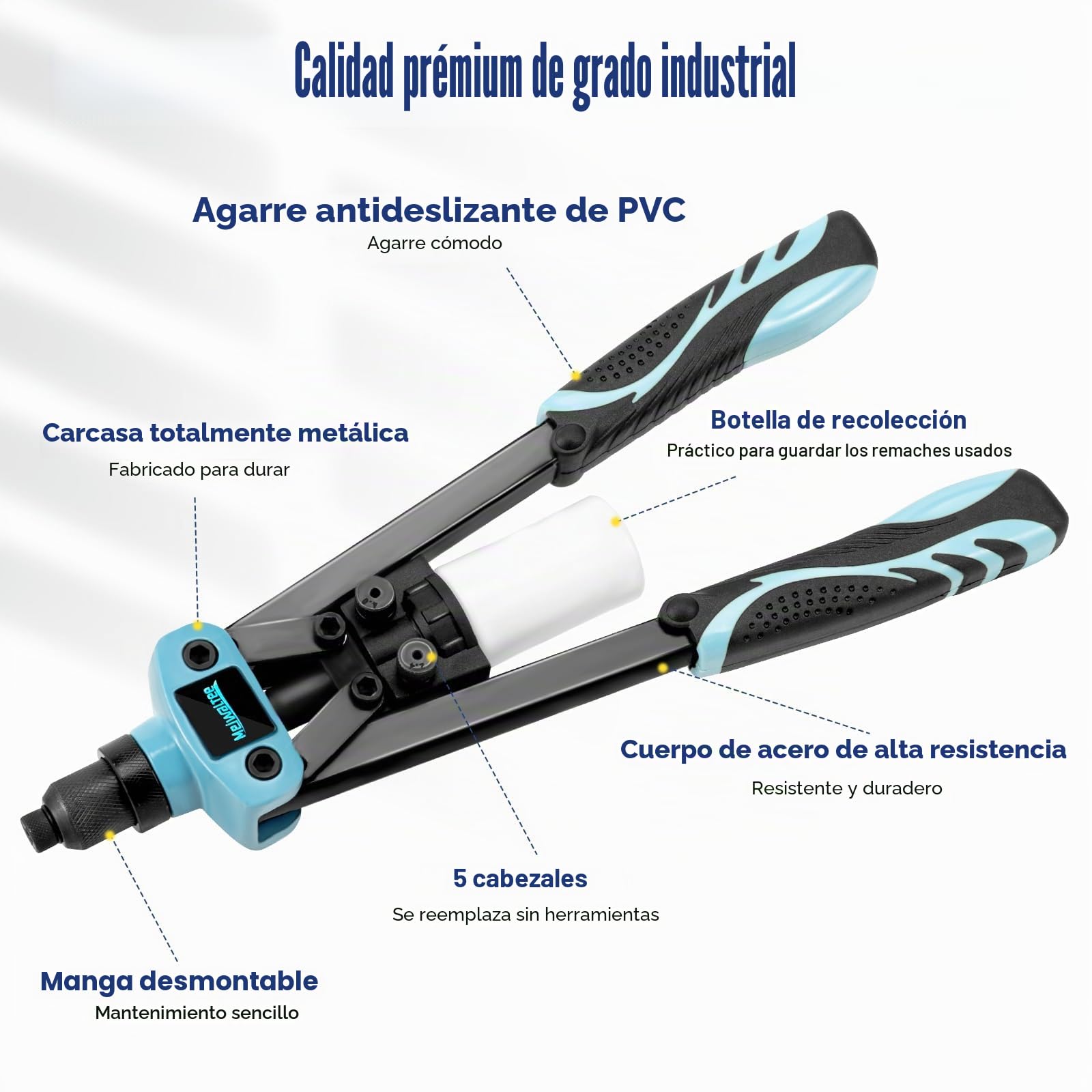 13" Remachadora Manual Profesional 5 en 1 con 100 Remaches, Pistola Remachadora con 5 Boquillas Intercambiables 6,4-2.4 MM Apta para Remaches de Acero, Acero Inoxidable y Aluminio
