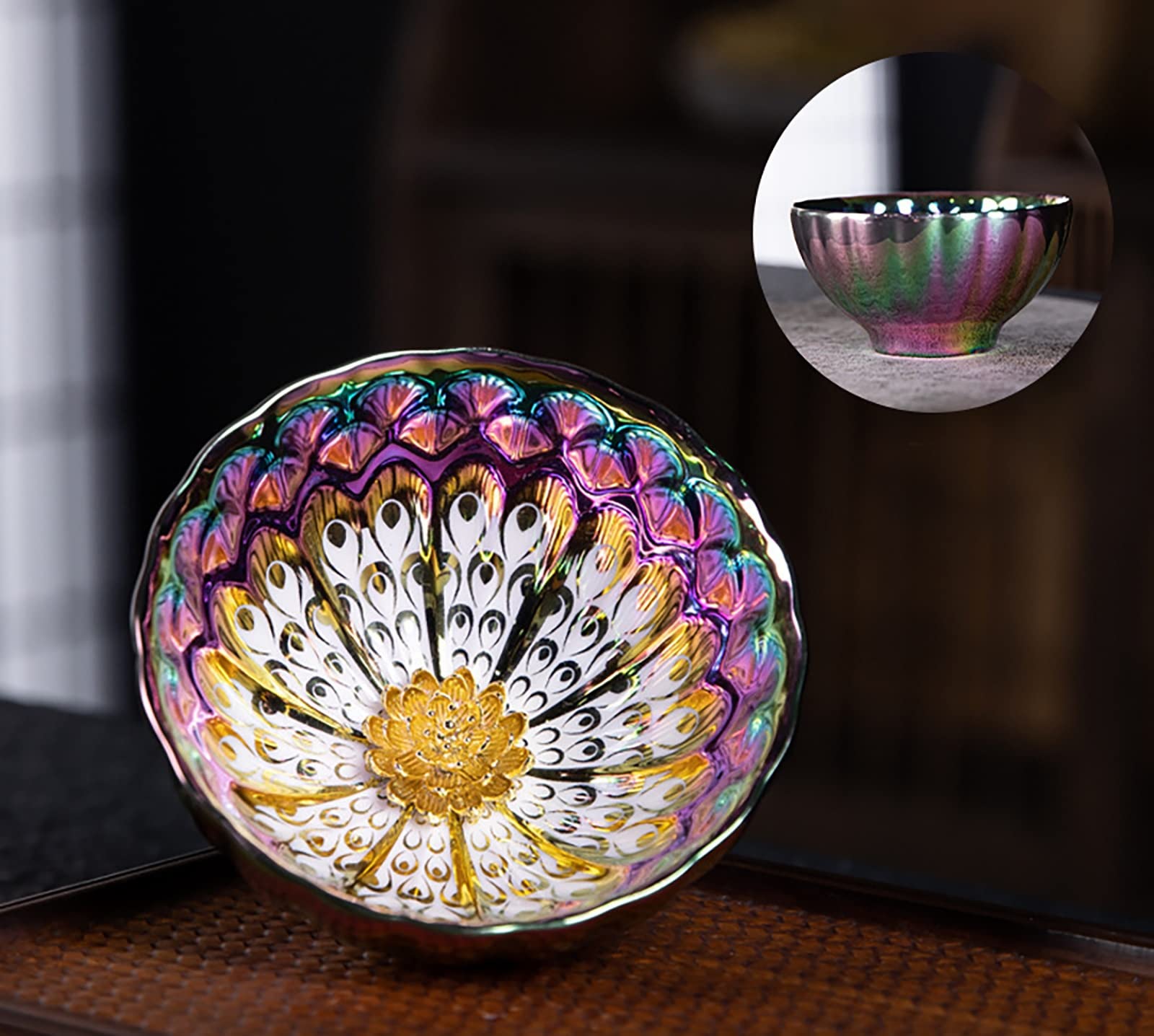 LingXuanGe JianZhan tenmokus tea cup Ceramic Handmade TeaCup inlay Teacup Kungfu Tea Cup Master Teacup (Color : Golden Lotus)