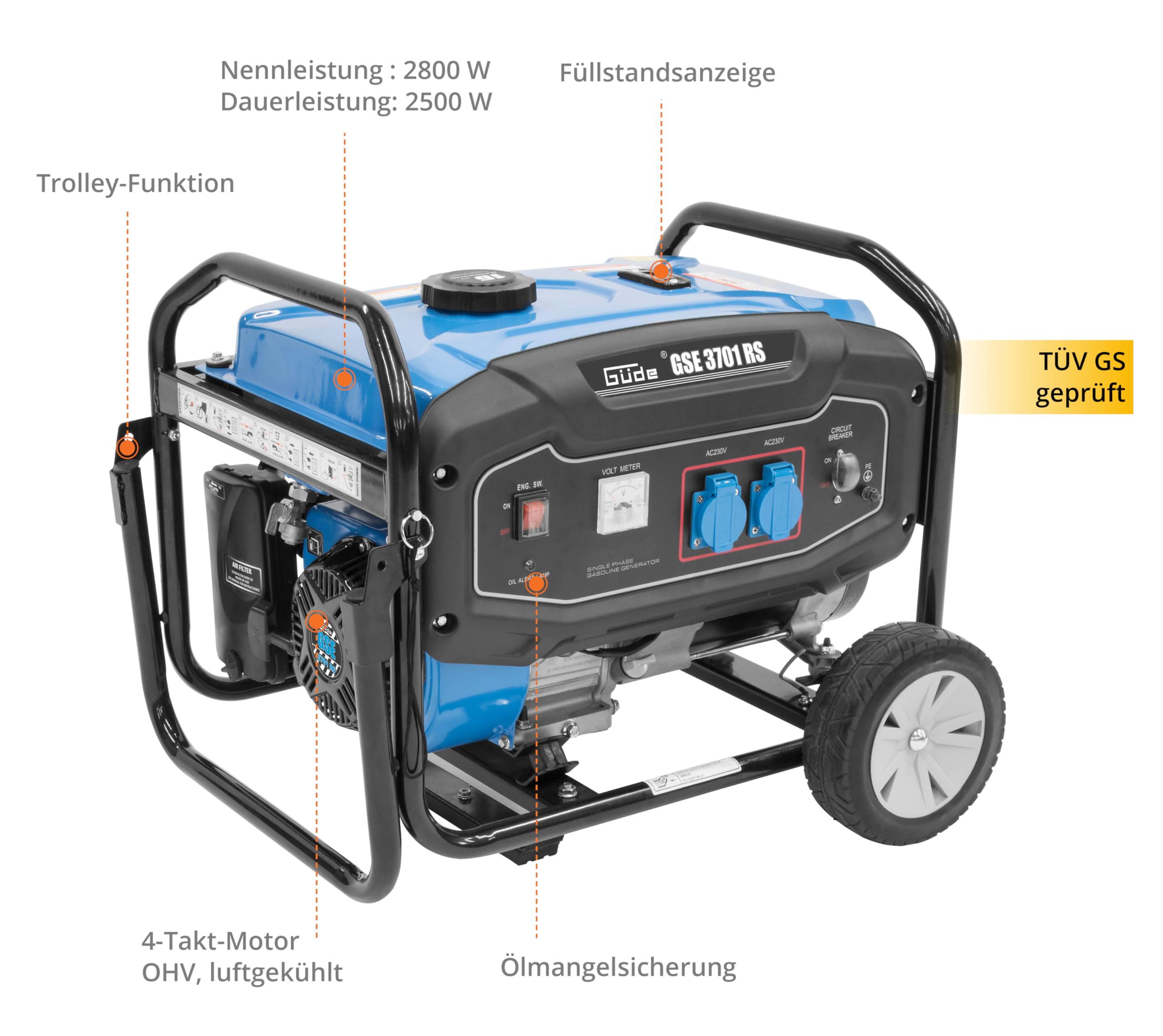Güde Stromerzeuger GSE 3701 RS (4-Takt Motor, Benzin, 4/5,5 (kW/PS), 2x 230 V Steckdosen, max. 2800 W, Laufzeit bis 16 h, Tank 15 L, AVR, Überlastungsschutz, Fahrwerk, TÜV/GS, TEST GUT- SEHR GUT)