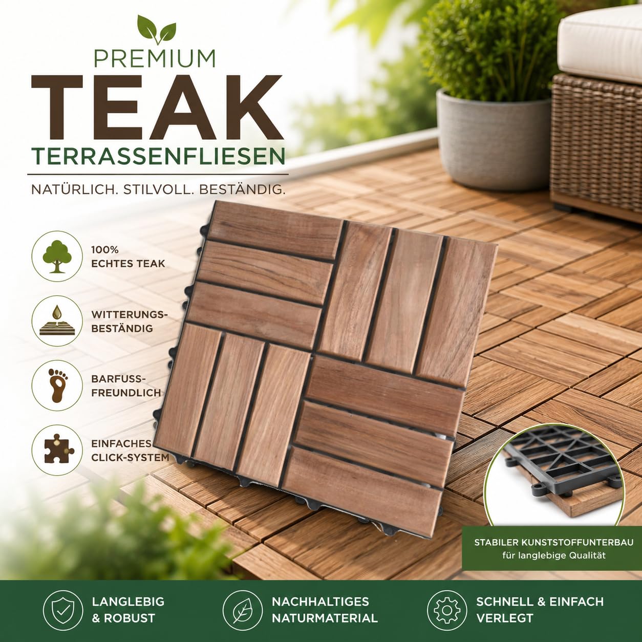 DIVERO Teakholz Bodenplatten 1m² Holzfliesen 30x30 cm Klick-System für Terrasse Balkon Sauna Bad wetterbeständig Terrassenfliesen Bodenbelag