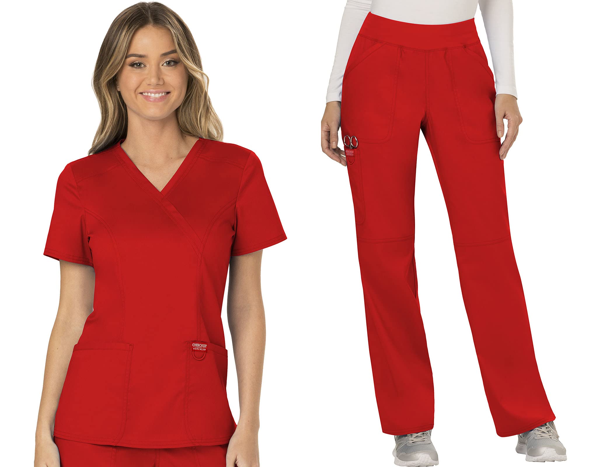 Cherokee Conjunto de uniforme médico para mujer, ajuste clásico moderno WW610 con pantalón de pierna recta y tiro medio, WW110, rojo - L Top/XL Petite Pant