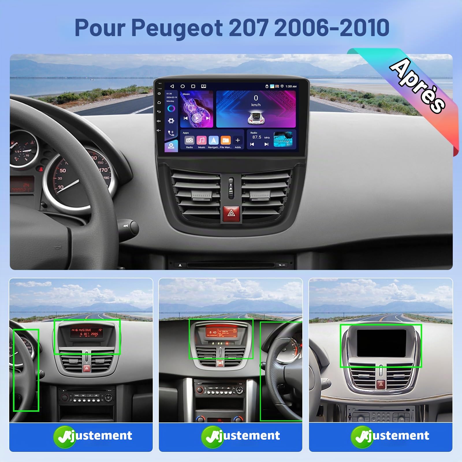 Autoradio pour Peugeot 207 2006-2010 avec Wireless Carplay Android Auto