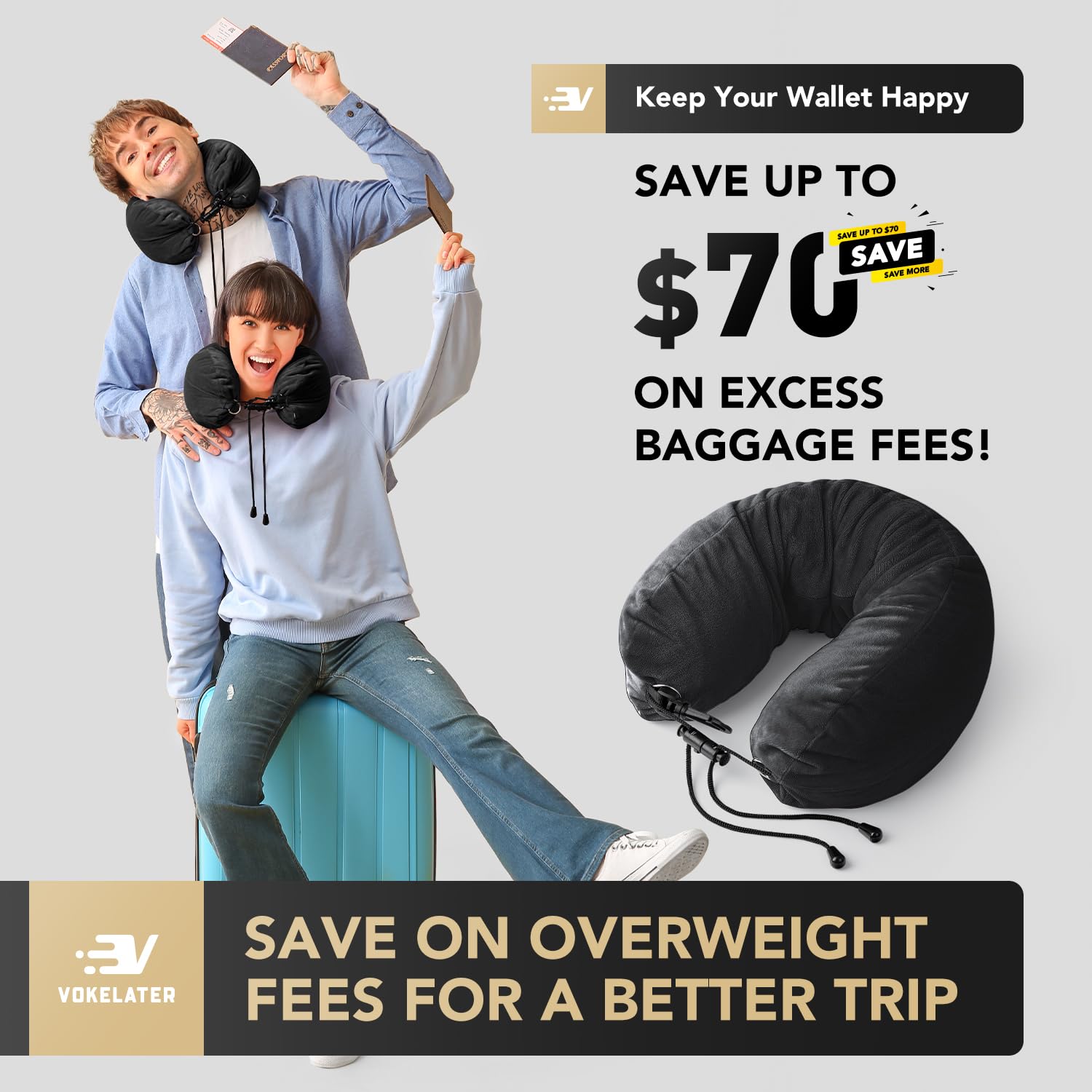 Vokelater Stuffable Neck Pillow for Travel, Neck Pillow for Extra Luggage Storage Ideal 1-3 Days Travel Essentials, Adjustable U-Shapes Airplane Pillow Size, Soft Velvet Cover, No Filler, Black 2