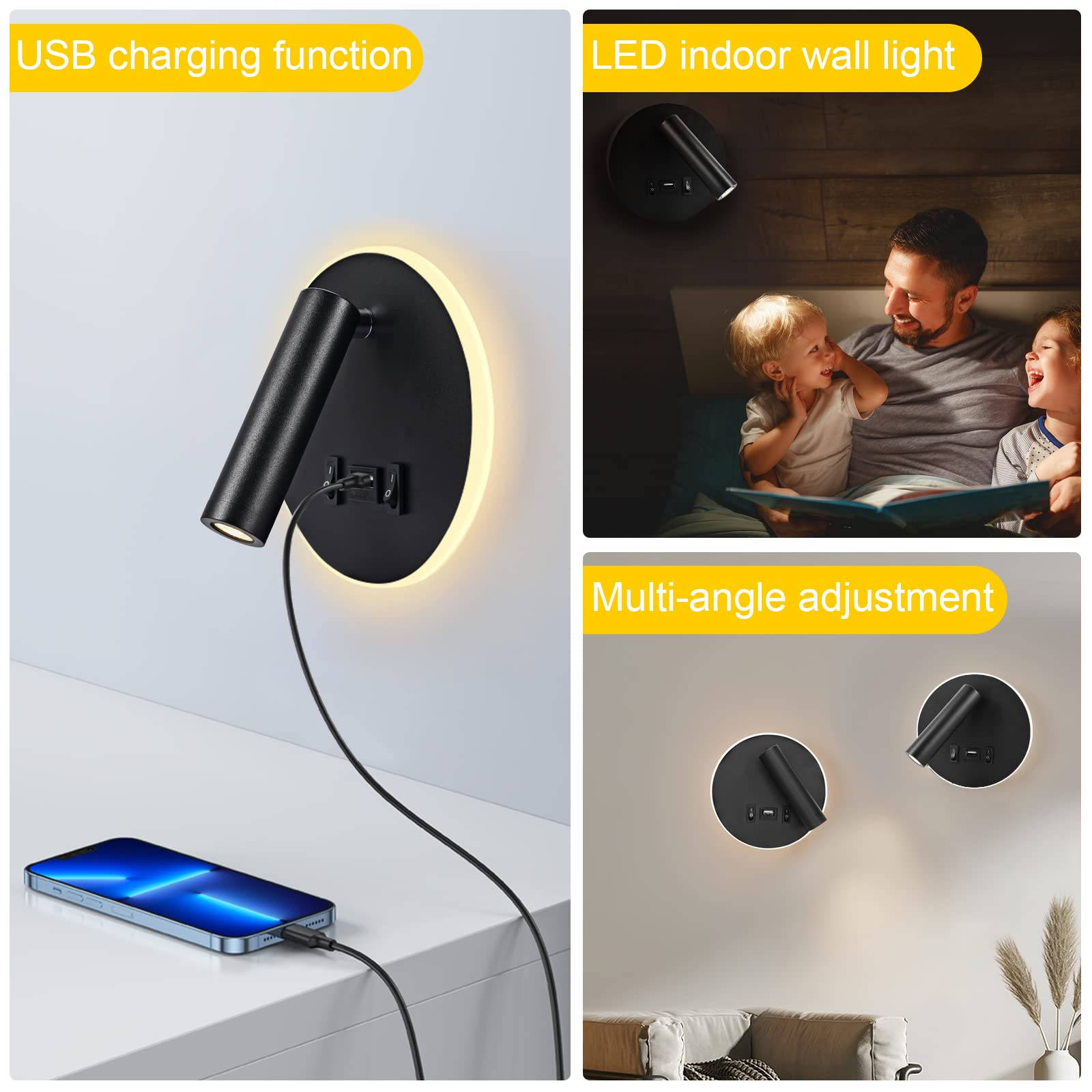 LED wandleuchte mit schalter, Innen Leseleuchte (3 W 3000K + 9 W 3000K), nachttischlampe am Bett wandmontage mit USB Ladeanschluss und Schalter, dimmbares Spot Schlafzimmer Stimmungslicht (2 Schwarz)