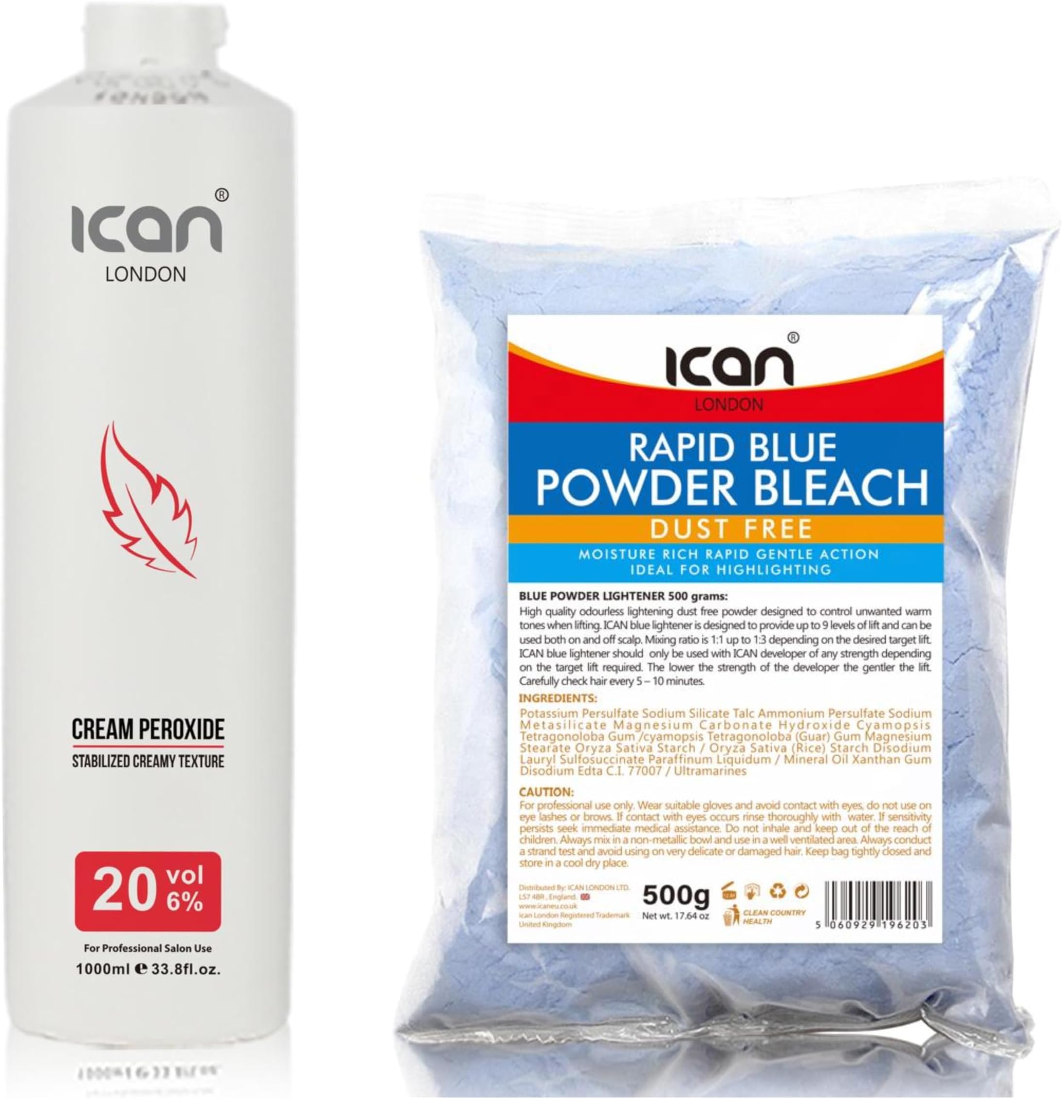 PROFESSIONAL CREAM PEROXIDE 20 VOL 6% 1000 ML + RAPID BLUE POWDER BLEACH 500 G COMBO SET