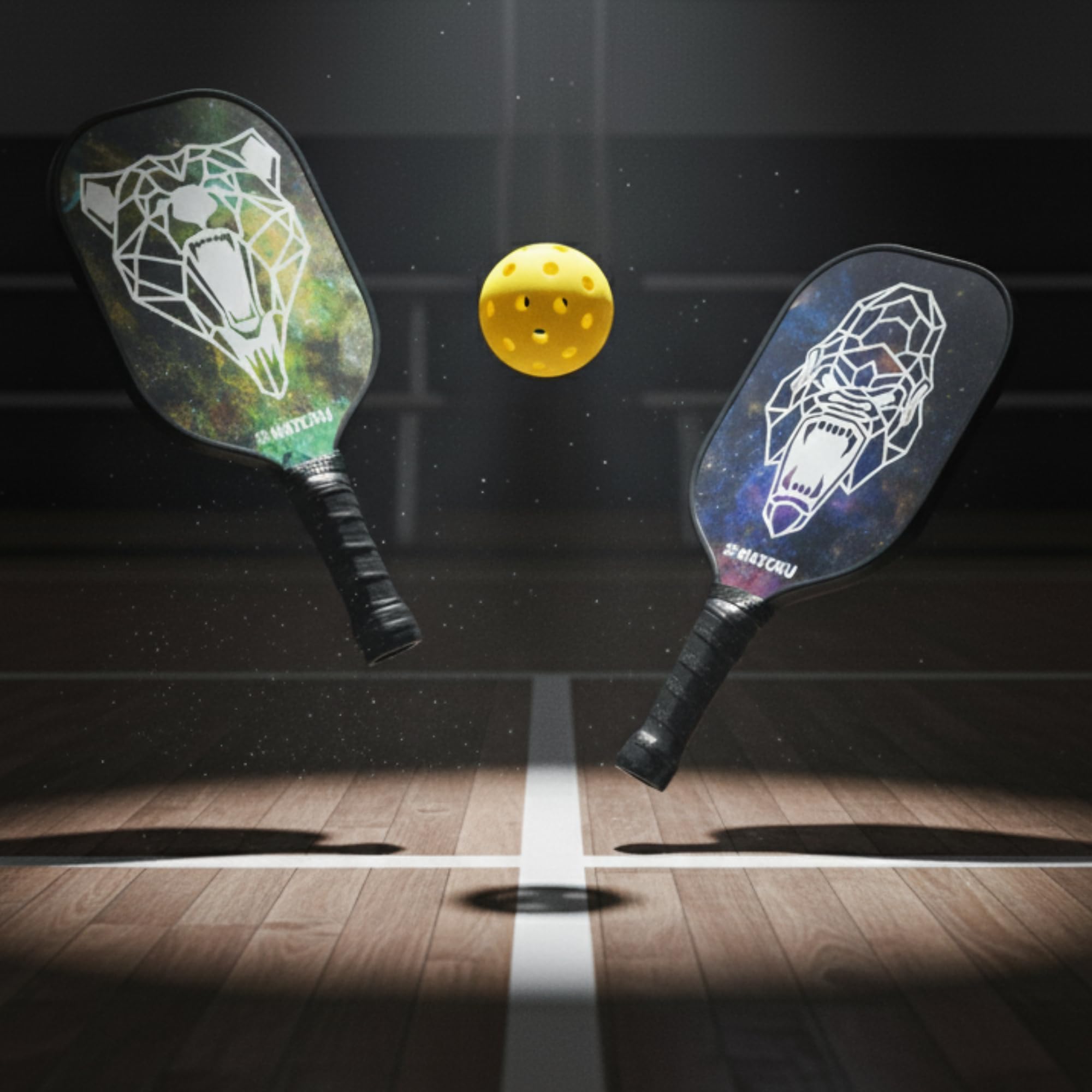MATCHU - Pickleball Set mit 2 Schlägern, 4 Bällen und praktischer Tragetasche - 100% Carbon - 19,5 × 1,5 × 40 cm - 200 Gramm pro Schläger - Textured Surface Technology - Edge Guard - Grün/Lila