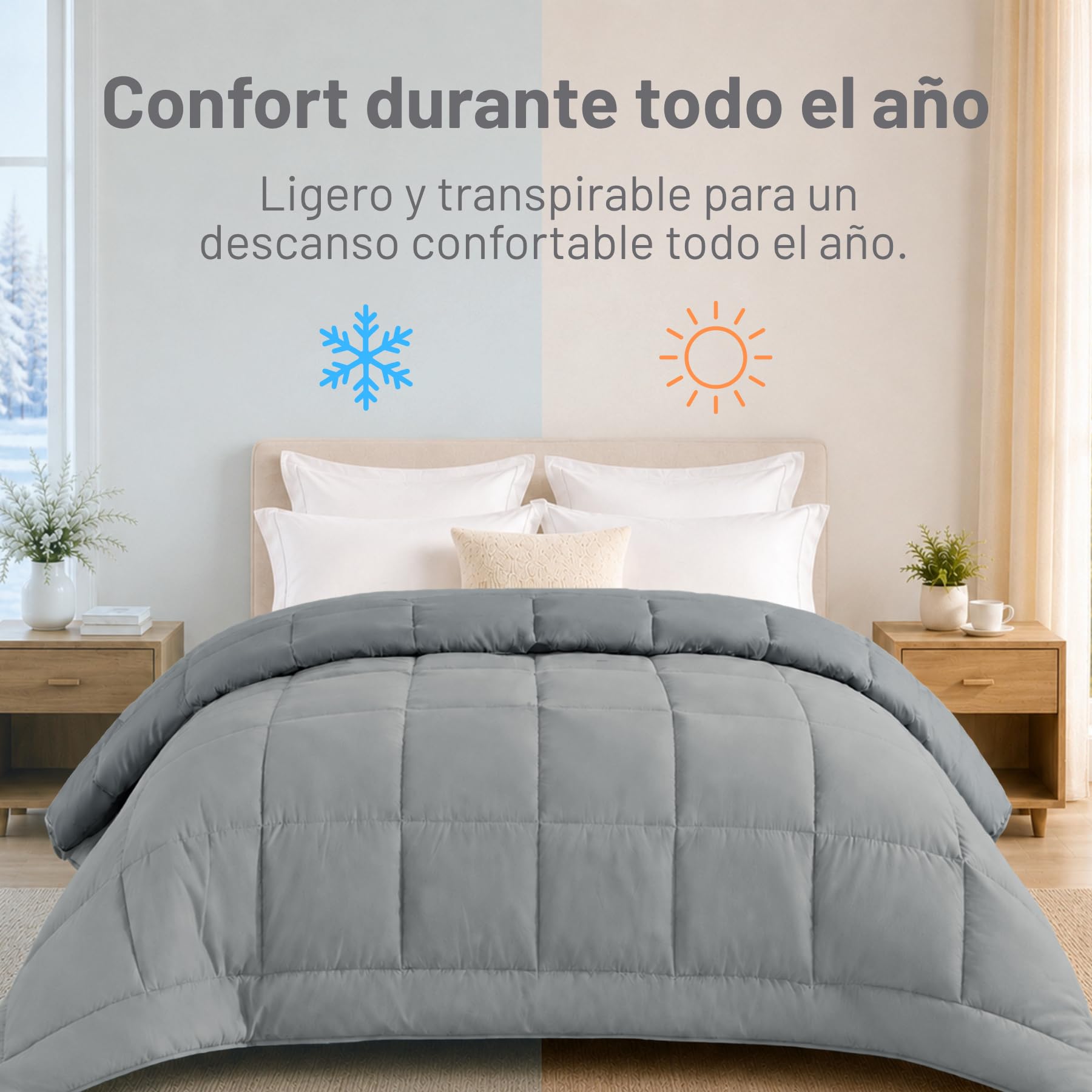 DALINA Edredón de Fibra para Cama 150, 240 x 220 cm, 170gr/M², Gris | Relleno Nórdico 100% Poliester, Doble Cara Comfortable, Suave, Transpirable, Ligera