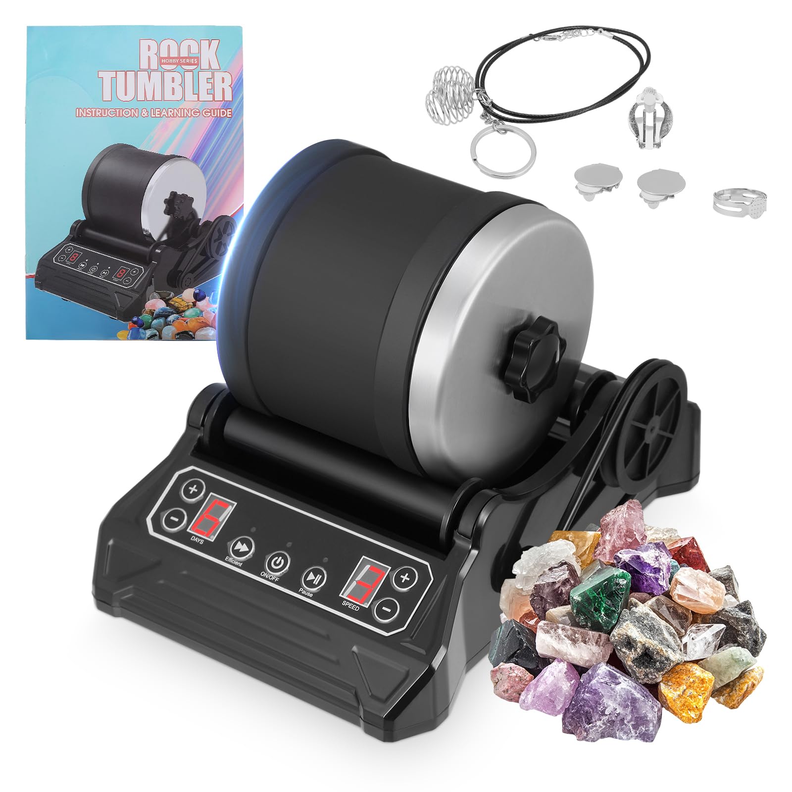 Rock Tumbler Kit - Turns Rough Stones into Dazzling Gems, 2.5Lb Barrel, 3-Speed Motor, 9-Day Timer, Quiet Leak-Proof, STEM Craft Kit for Adults & Kids, Includes Crystals, Rocks, Grits, DIY Tools