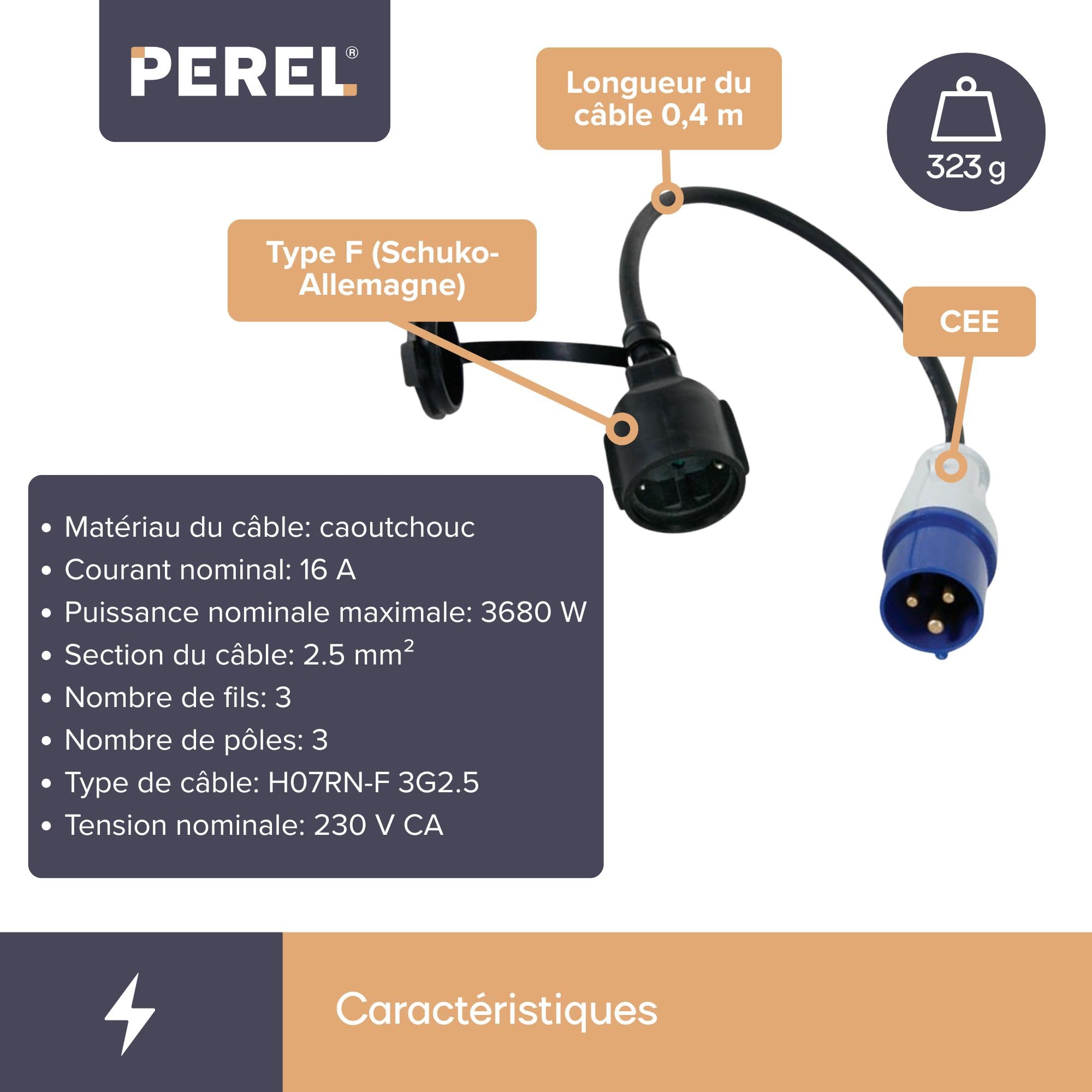 Perel Câble adaptateur CEE vers Schuko, adaptateur caravane, adaptateur prise camping, rallonge prise triphasée, H07RN-F 3G2.5, 0.4 m, usage extérieur, caoutchouc, bleu