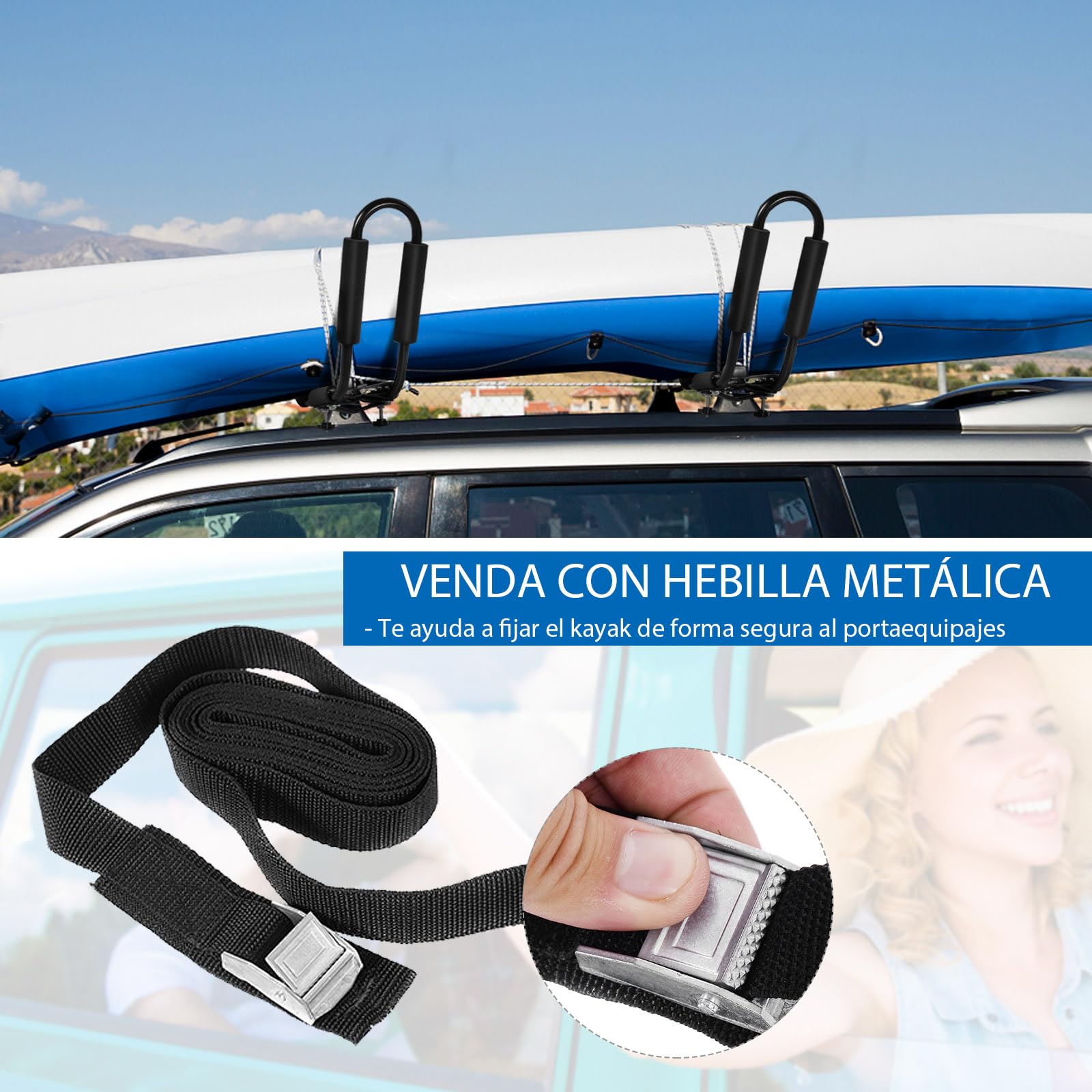 SOARS 4 x Soporte para Kayak, Soporte para Barco con Acolchado de Espuma, Baca Universal para Coche, Soporte para Kayak en Forma de J, Baca para Barco y Canoa Incl. 4 Correas de Sujeción