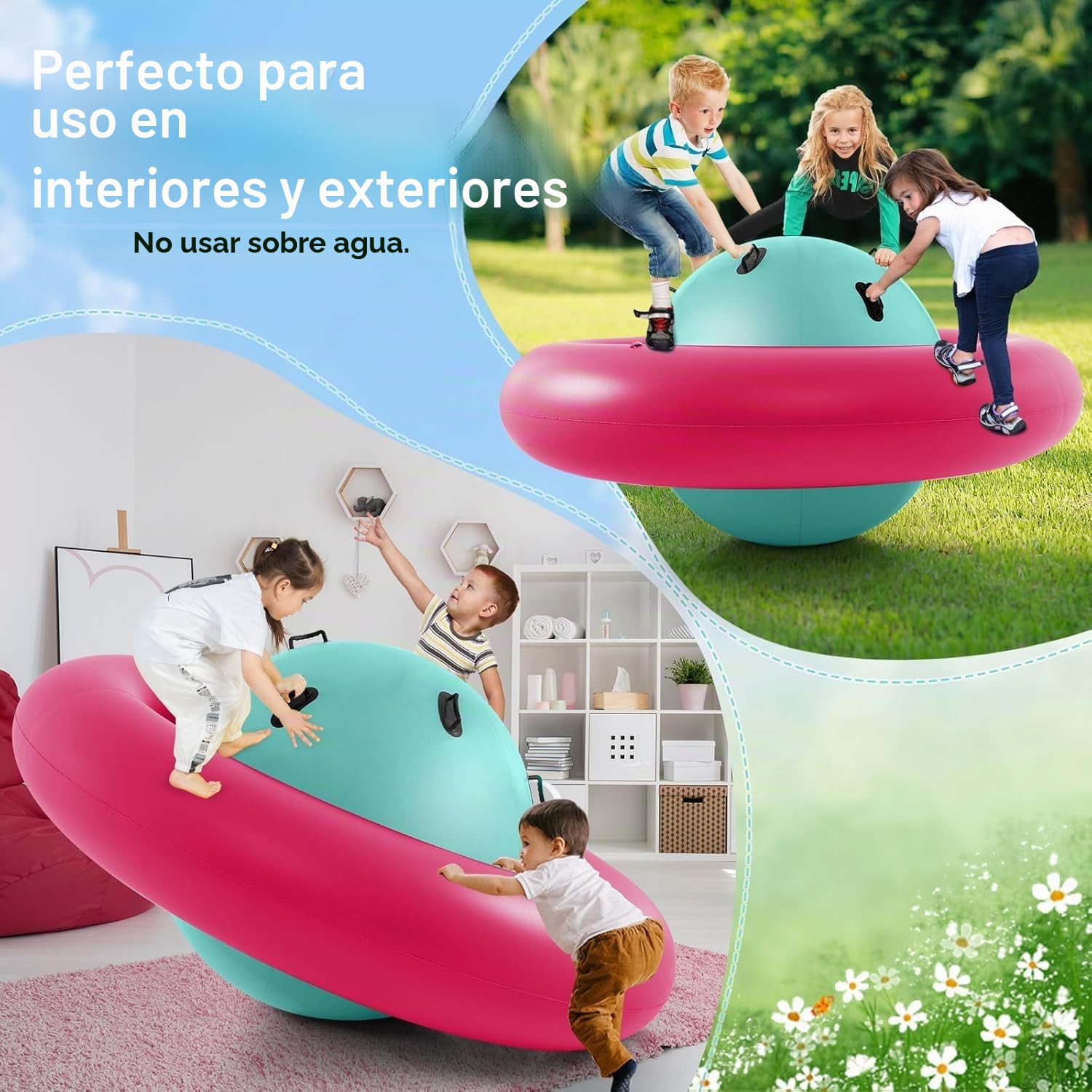 FANTASK Balancín Inflable para niños de 223 cm con 6 Asas integradas (Rosa + Verde)