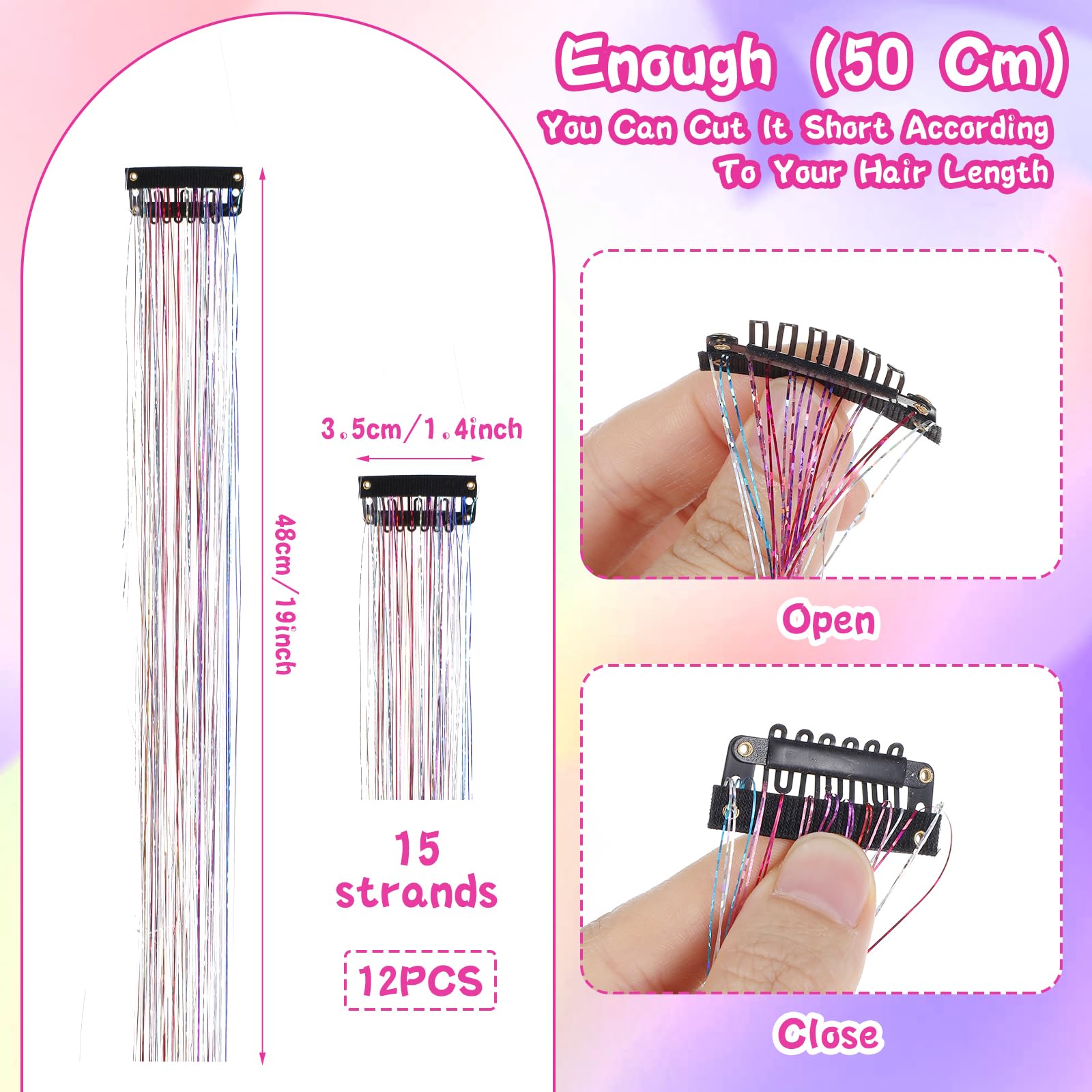 Hair Tinsel 12Pcs Tinsel Hair Extensions 20 Inch Clip in Glitter Hair Extensions Colorful Hair Tinsel Glitter Strands Tinsel Kit Hair Accessories for Women Girls Cosplay Halloween Party Festival - Image 2