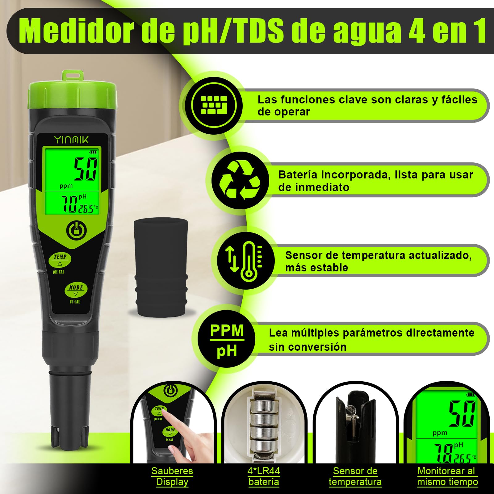 YINMIK Medidor de pH y TDS Digital 4 en 1, Probador de pH PPM Conductividad con Solución de Calibración para Piscina Agua Potable