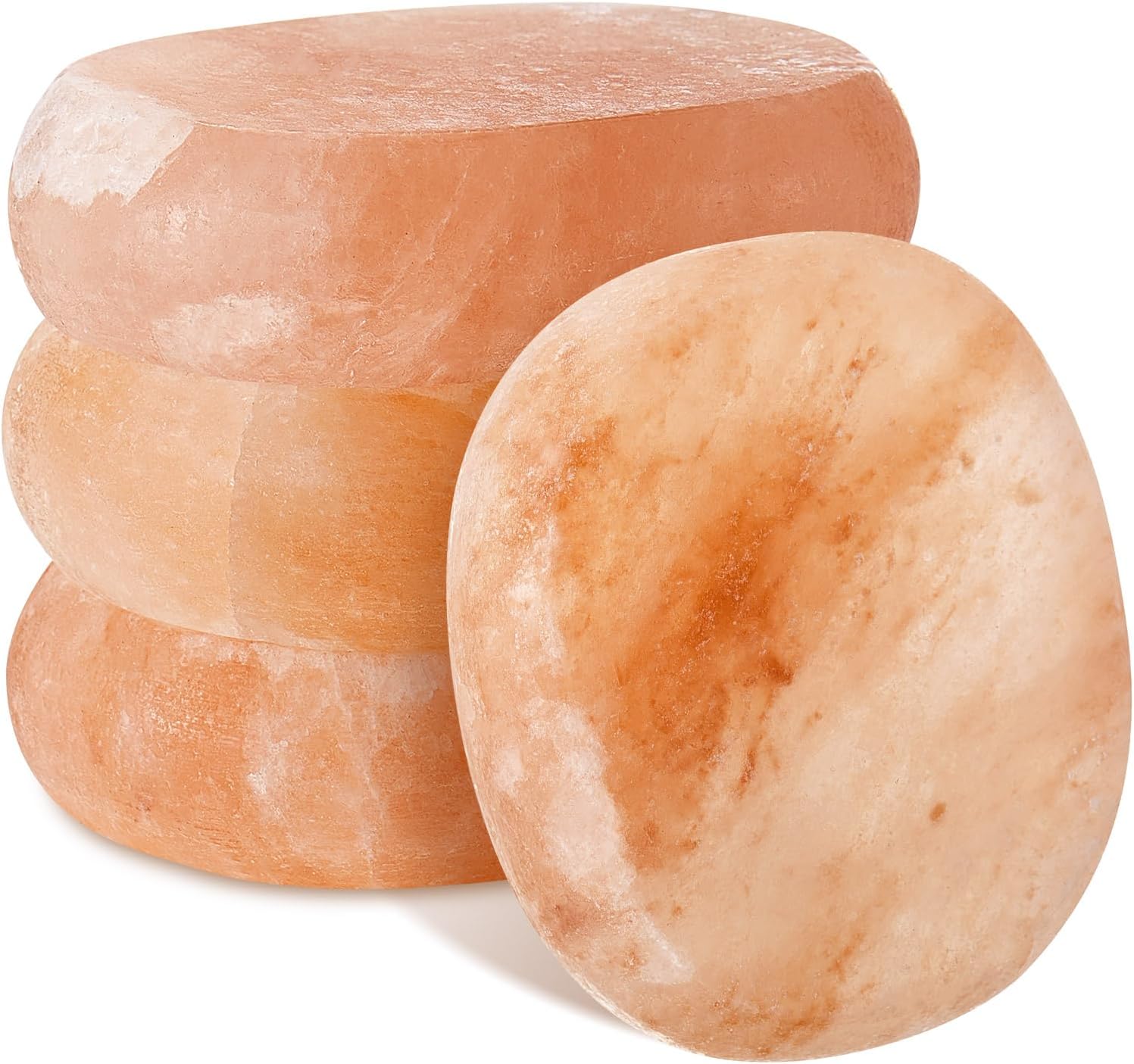 4 Pcs Flat Oval Massage Stone 3.5 x 1 x 2.6 Crystal Hand Carved Stone for Massages Therapy Himalayan Salt Massages Rocks Natural Pink Heated Warmer Stones for Spa Massage Salt and Sugar