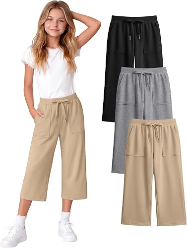 Langyiwee 3 Pack Girls' Capri School Pants, 3-Color, 11-12 Years