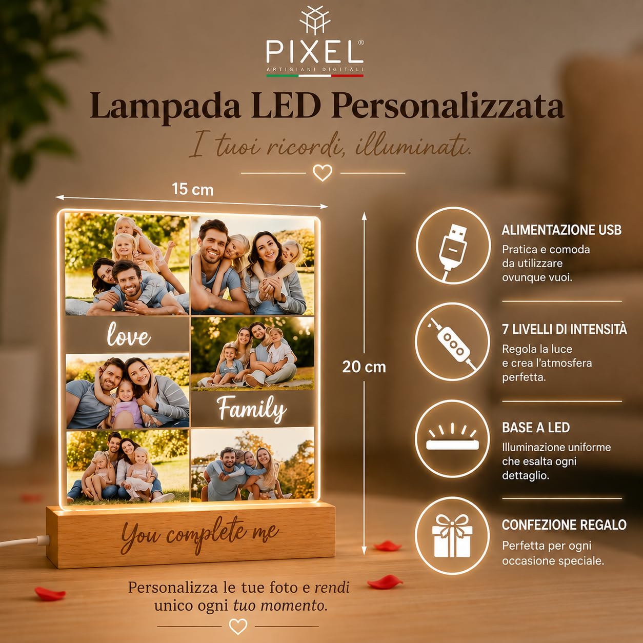 Pixel Artigiani Digitali Lampada Personalizzata con 6 Foto – Regalo Originale per Mamma, Coppia, Famiglia, Anniversario, Compleanno – LED Regolabile – Idea regalo Natale - Made in Italy