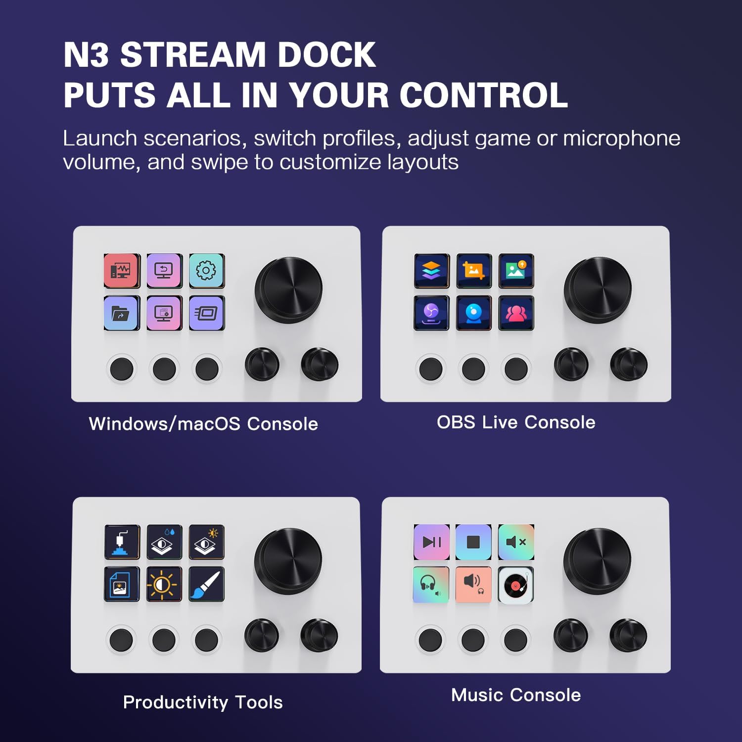 Treaslin N3 - Controller programmabile per streaming con tasti LCD e manopola, tastiera di controllo macro definita dall'utente per streaming (OBS, Twitch), creazione di contenuti (Adobe), Gaming Win