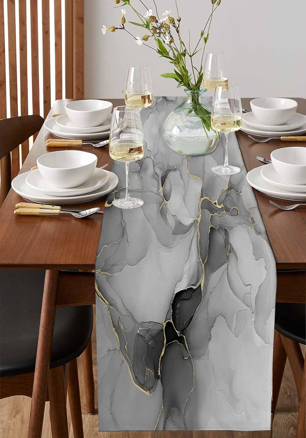 Farmhouse Table Runner Abstract Gray Fluid Lines Art Vintage Non Slip Table Runners Dresser Scarves 72" Long, Modern Tabletop Cover Decor for Kitchen Dining Home