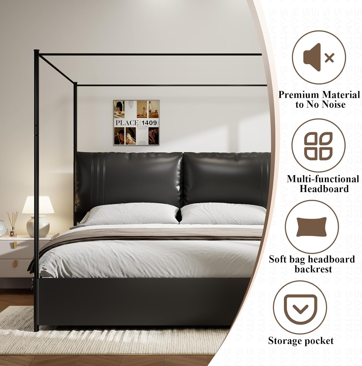 Modern Canopy Bed Frame with Upholstered Faux Leather Headboard – Tall Four Poster Metal Platform Bed, No Box Spring Needed, King Size, Black