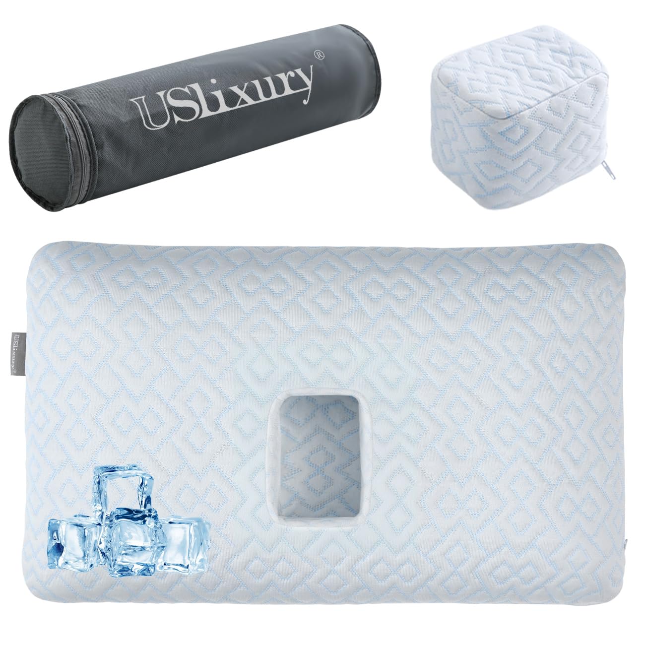 USlixuryPiercing Pillow - Ear Piercing Pillow with Foam Plug, 4''H Ear Pillow with 5.1*3.2 and Off Center Ear Hole, Soft CertiPUR-US Memory Foam Piercing Pillow for Side Sleepers, Cooling Ear Pillow