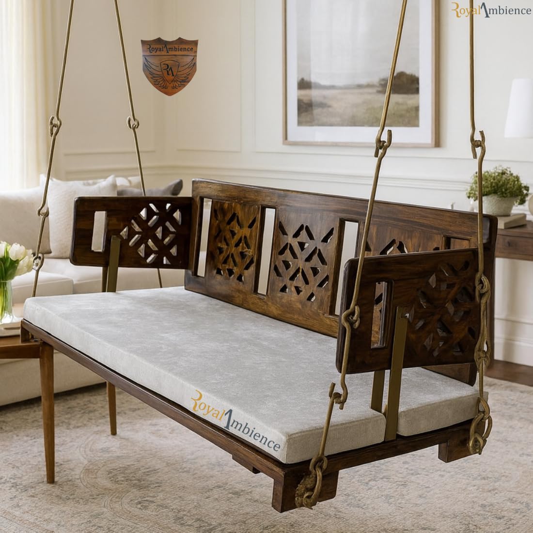 Royal Ambience Reversible Wooden Swing (Jhula) Onjle, Wooden Jhula for Living Room Without Cushion - EVA (52 Inch)