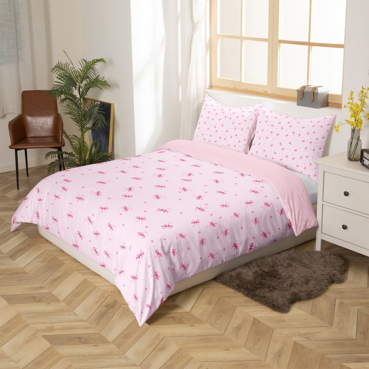 jejeloiu Pink Bowknot Duvet Cover Cute Bow Bedding Set for Kids Boys Girls Bow Tie Comforter Cover Dreamy Princess Style Bedspread Cover Room 2Pcs Toddler Size,Zipper,No Comforter