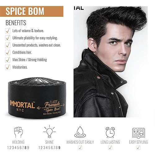 Miniatura 3 de Immortal NYC Pomada de peinado  Spice Bom Strong Hold, Max Shine Pomade  Bálsamo para el cabello a base de agua, sin residuos, pomada natural para