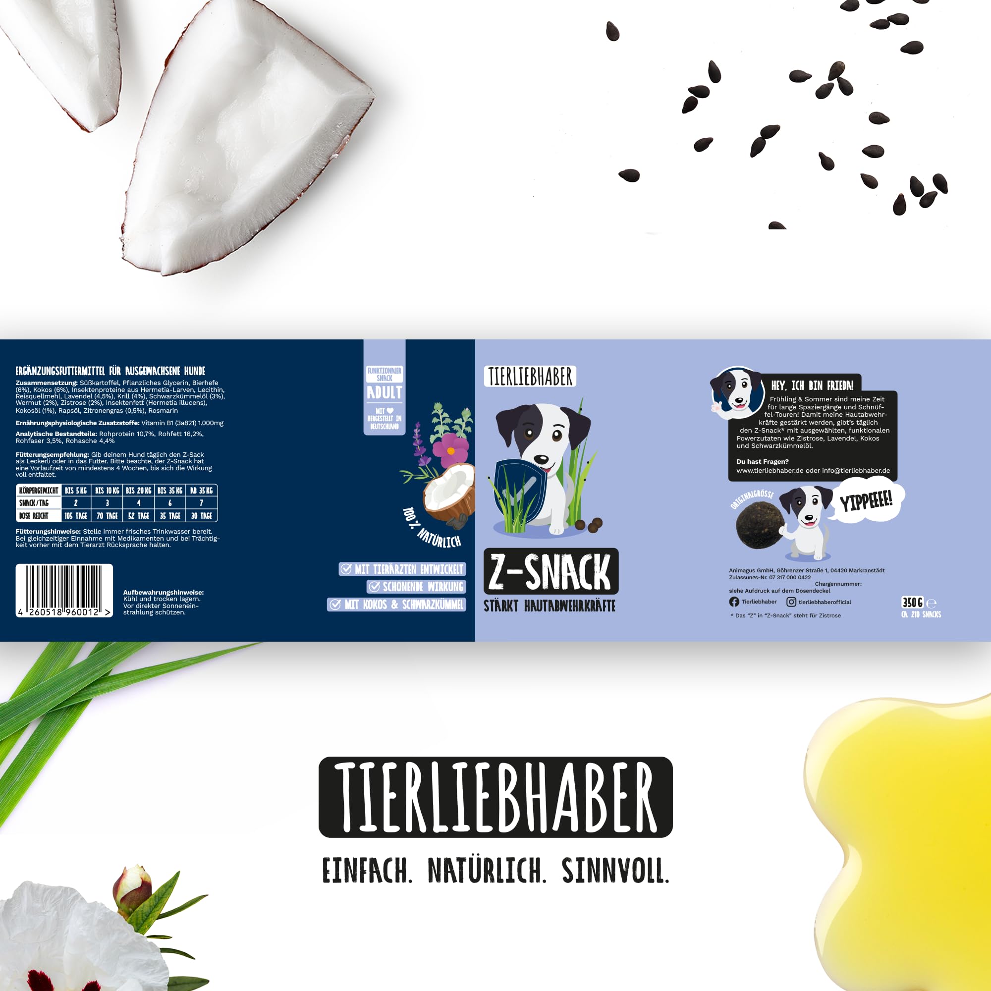 TIERLIEBHABER Z-Snack – Optimales Leckerli für die Saison – Tierärztlich entwickelt – Stärkt Hautabwehrkräfte – Kaltgepresste Belohnung mit Schwarzkümmel, Kokosöl & ätherischen Ölen – 350 g