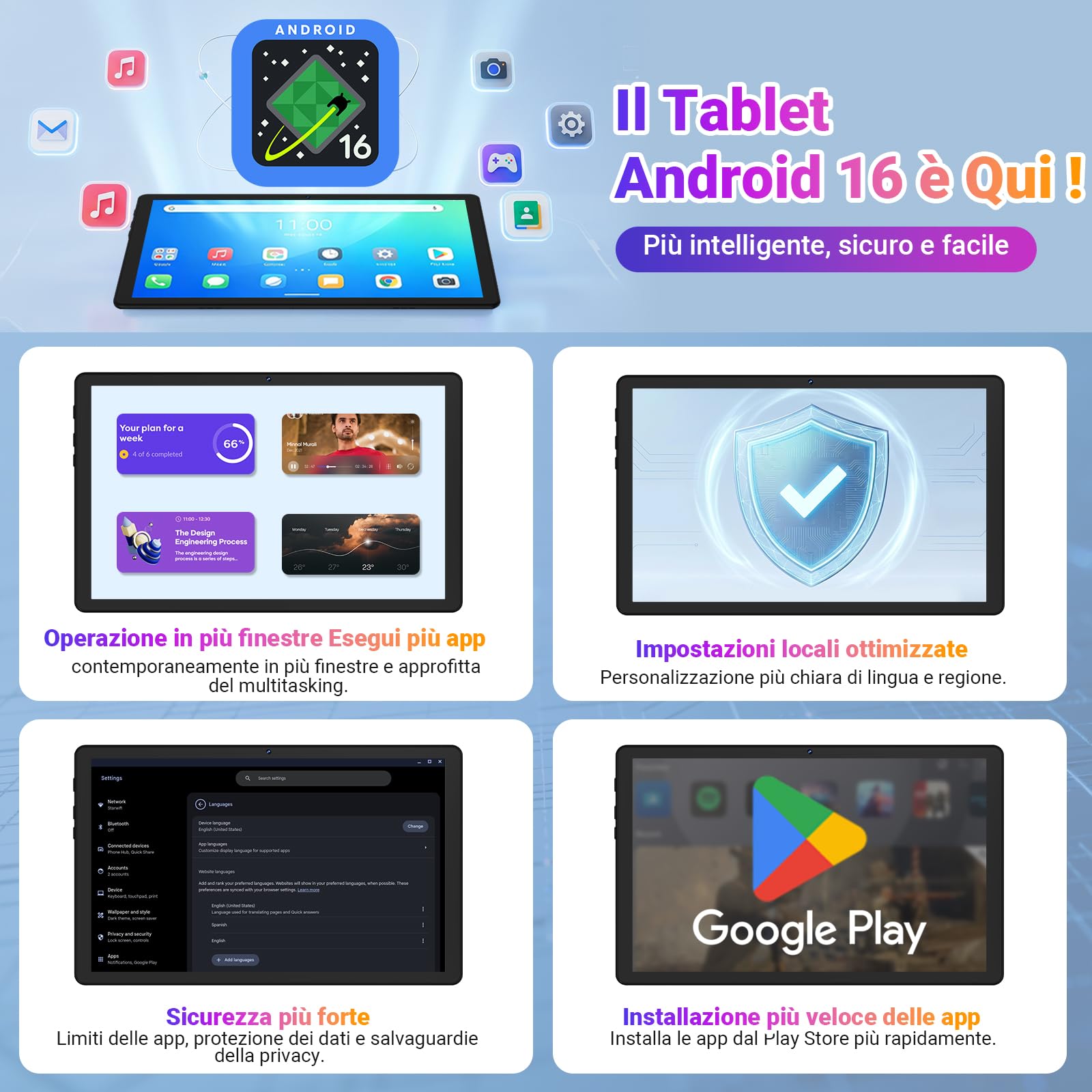Gleeso Tablet 10 Pollici｜Tablet con Android 16｜Android Tablet con 24GB RAM 1TB TF｜6000mAh｜Sblocco Facciale｜BT 5.4/WiFi 5G｜8MP Fotocamera, Portatile Tablet per Studenti e Aziende - Nero