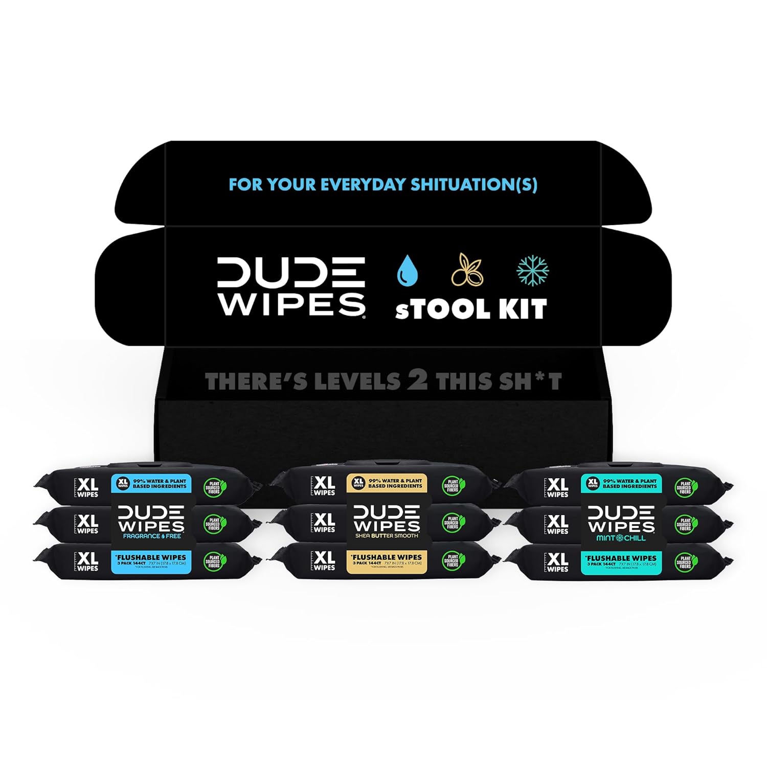 DUDE Wipes Flushable Wipes Variety sTOOL Kit Gift Set for Him – 9 Packs, 432 Total – Mint Chill, Shea Butter & Unscented – Sewer & Septic Safe