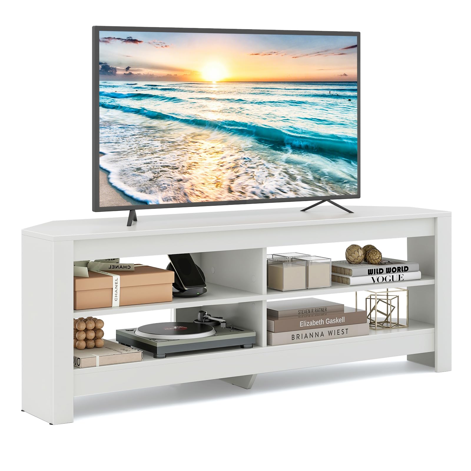 stand di tv angolare con socket e tre ripiani in bianco