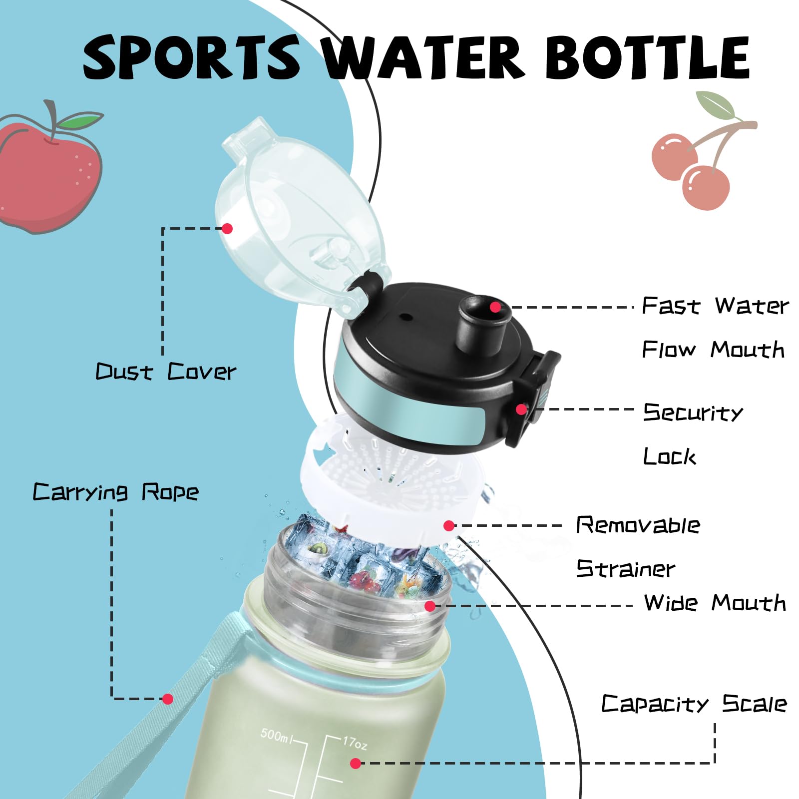 Mujigaga Gourde Enfant, Gourde 500ml, Anti Fuite, Gourdes Graduée pour 1 Journee, Facile à Nettoyer, Gourdes Enfant anti Fuite, Bouteille d'eau pour École, Camping, Vélo, Natation, Après-Sport - 4