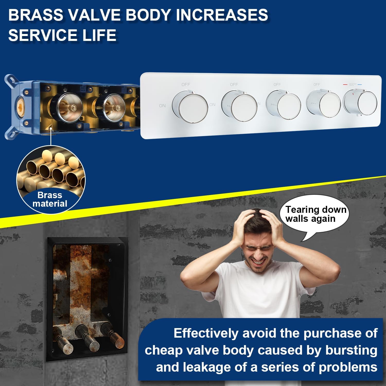 Image highlighting the brass material of the valve body, emphasizing increased service life and prevention of leakage