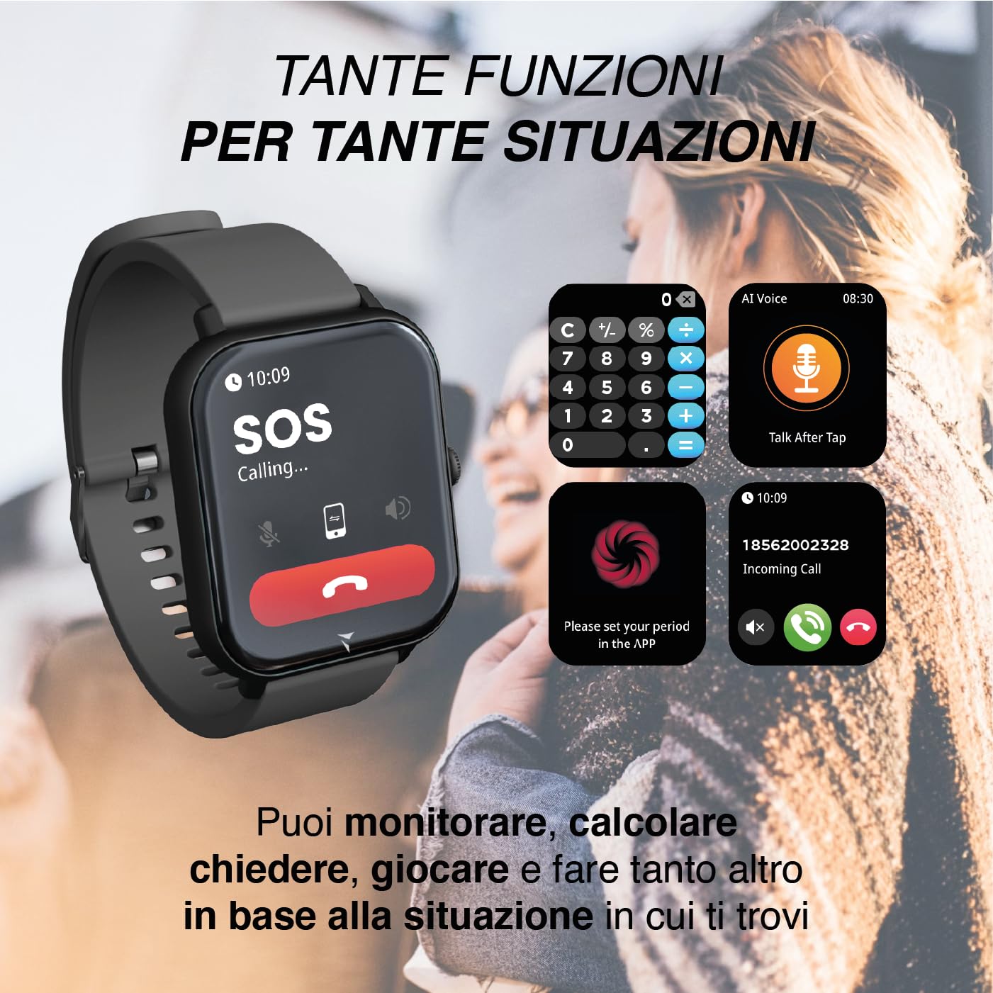 TECHMADE Smartwatch Glow, orologio digitale con pochetta incluso, schermo rettangolare full touch, chiamate, notifiche, funzione SOS, sport, compatibile con IOS e android (NERO)