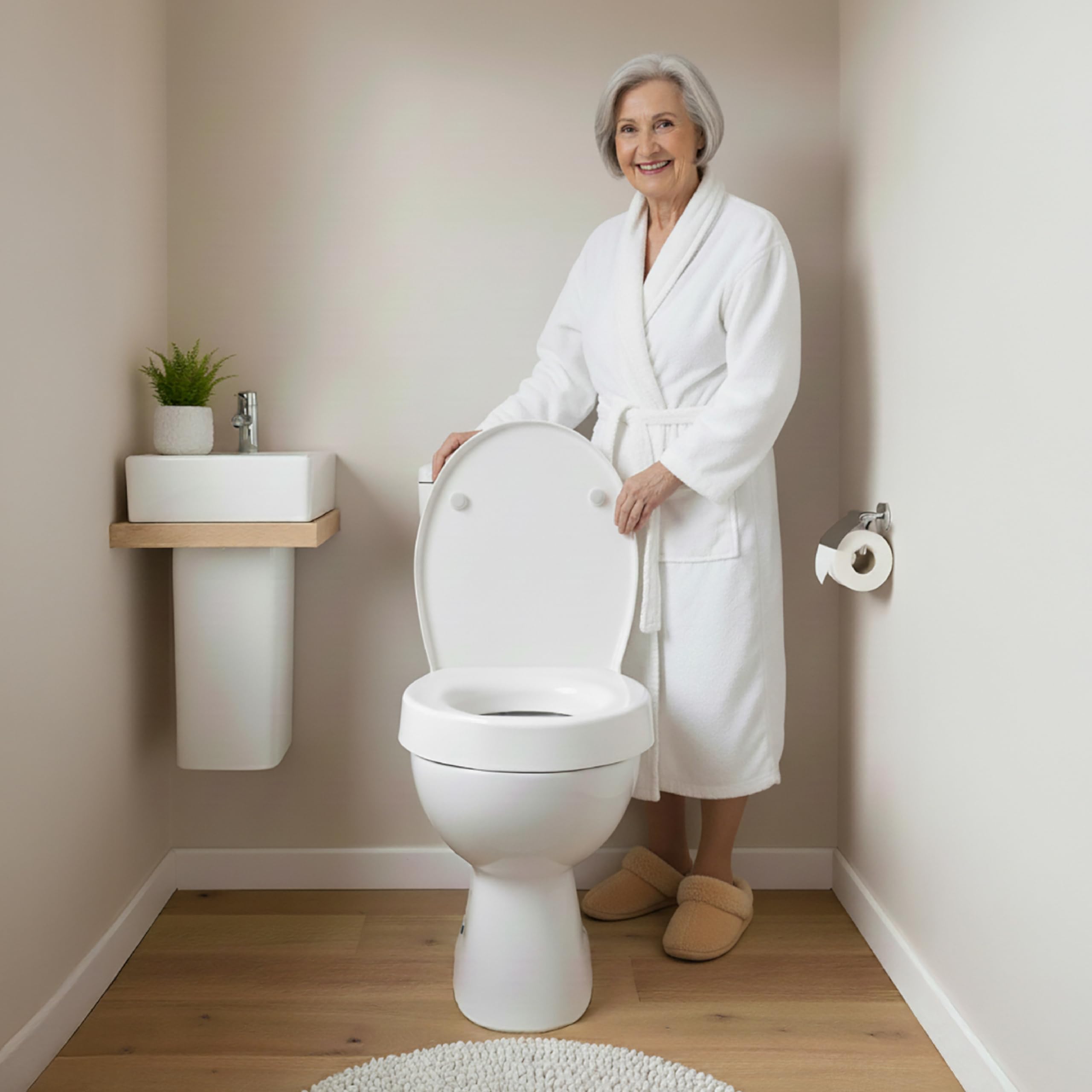 KMINA Rialzo WC per Anziani (Altezza 7,5 cm) con Copriwater a Chiusura Ammortizzata, Compatibile con WC Ovali Standard, Materiale Duroplast, Fissaggio Posteriore, Bianco