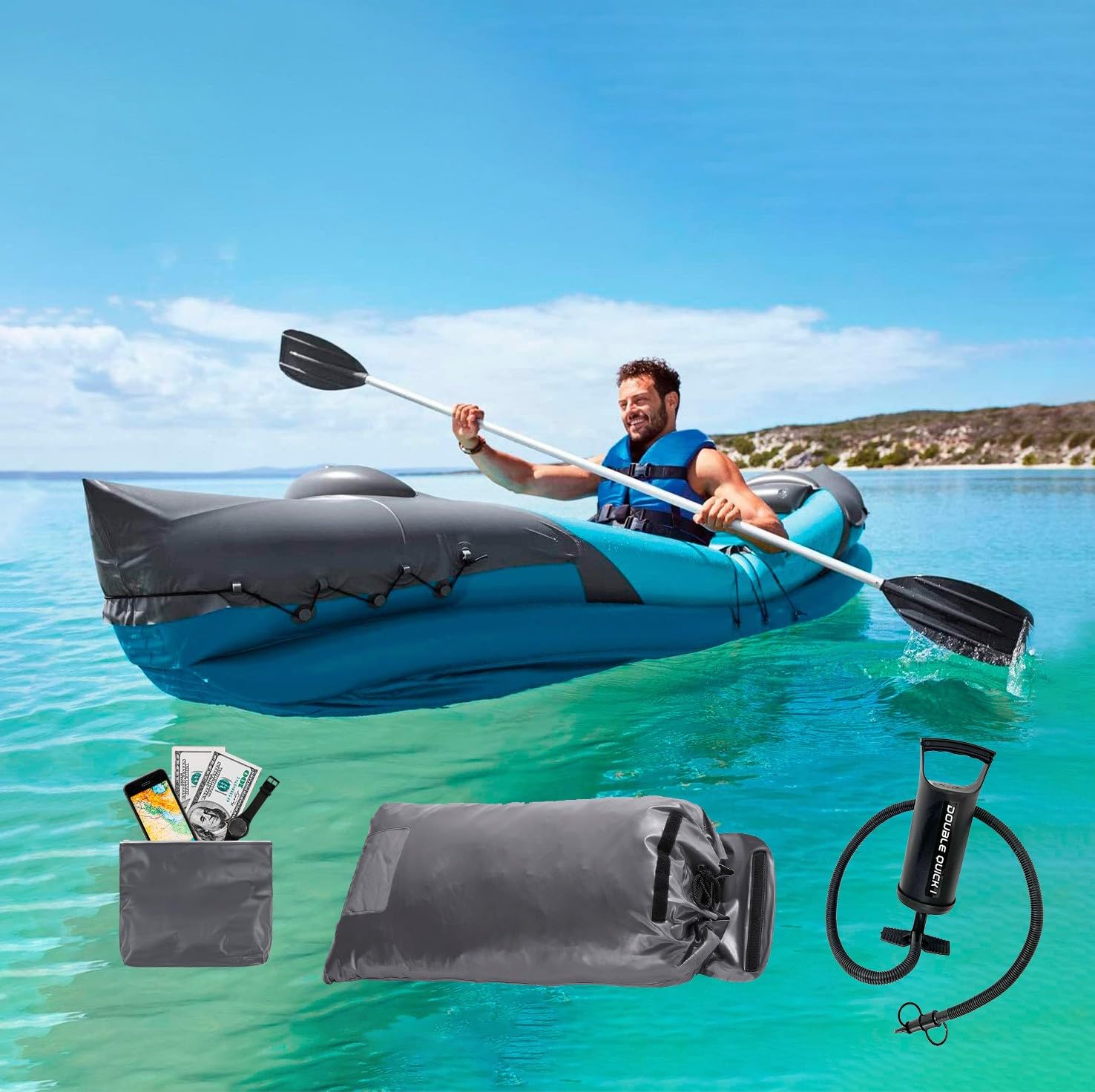 Kayak Inflable Doble Expedition para 2 Personas - Azul 325x76x48 cm con Pala de Aluminio