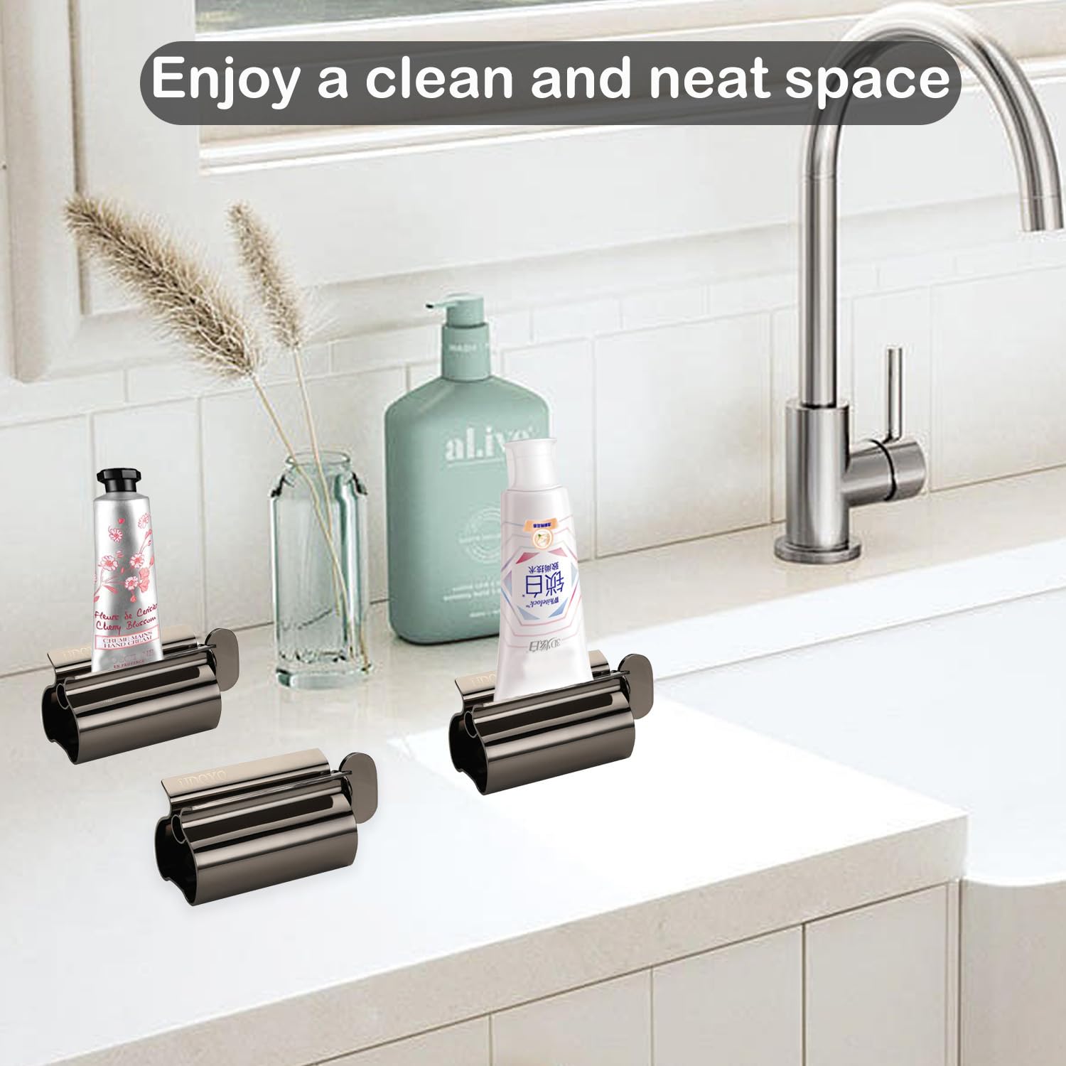 Exprimidor de pasta de dientes – Exprimidor de tubo de metal de acero inoxidable UDQYQ soporte de asiento de pasta de dientes 3 unidades (negro)
